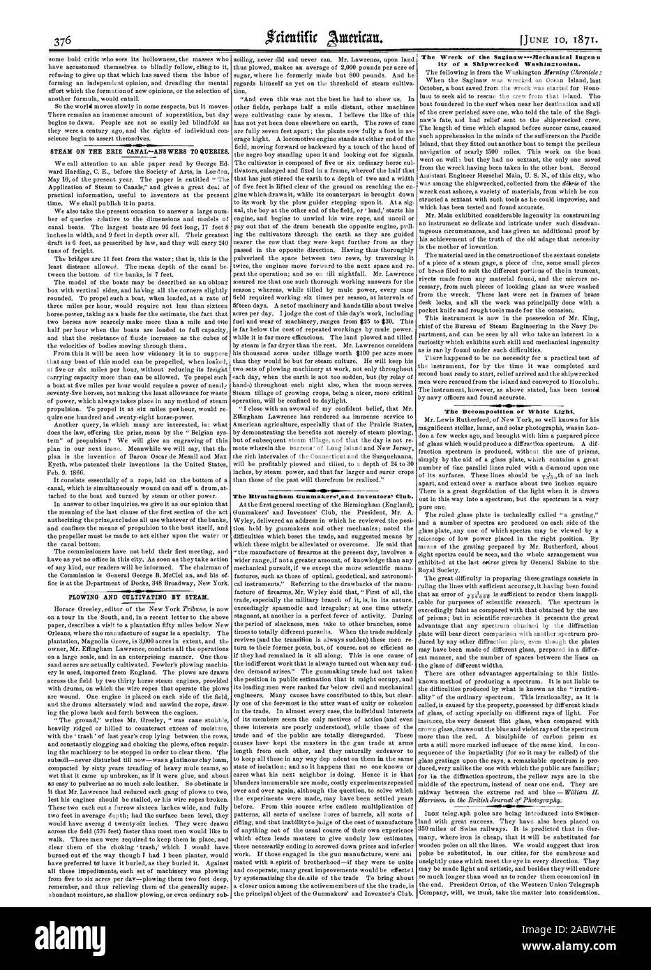 STEAM ON THE ERIE CANAL-ANSWERS TO QUERIES. PLOWING AND CULTIVATING BY STEAM. The Wreck of the Saginaw . Illechanical Ingenu ity of a Shipwrecked Washingtonian. The Decomposition of White Light., scientific american, 1871-06-10 Stock Photo