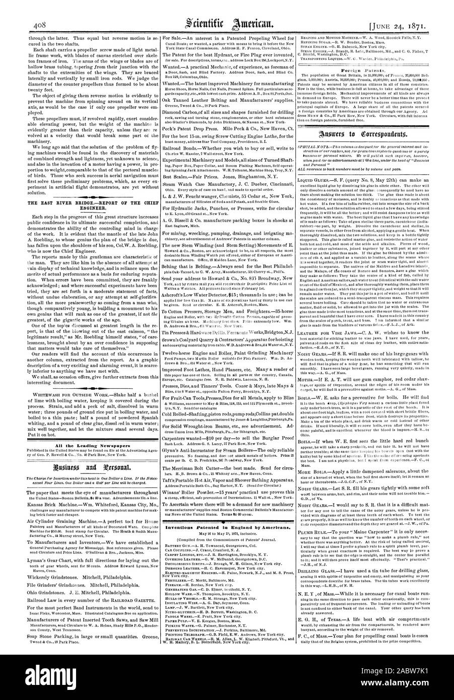 All the Leading Newspapers Inventions Patented in England by Americans. Foreign Patents, scientific american, 1871-06-24 Stock Photo
