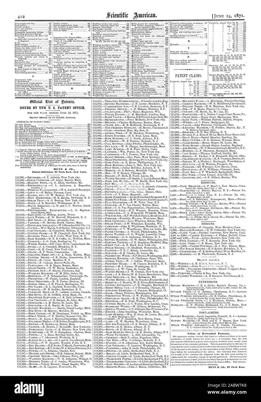 ISSUED BY THE U. S. PATENT OFFICE MUNN & CO. Patent Solicitors. 37 Park Row New York. Value of Extended Patents. MUNN & CO. 37 Park Row., scientific american, 1871-06-24 Stock Photo