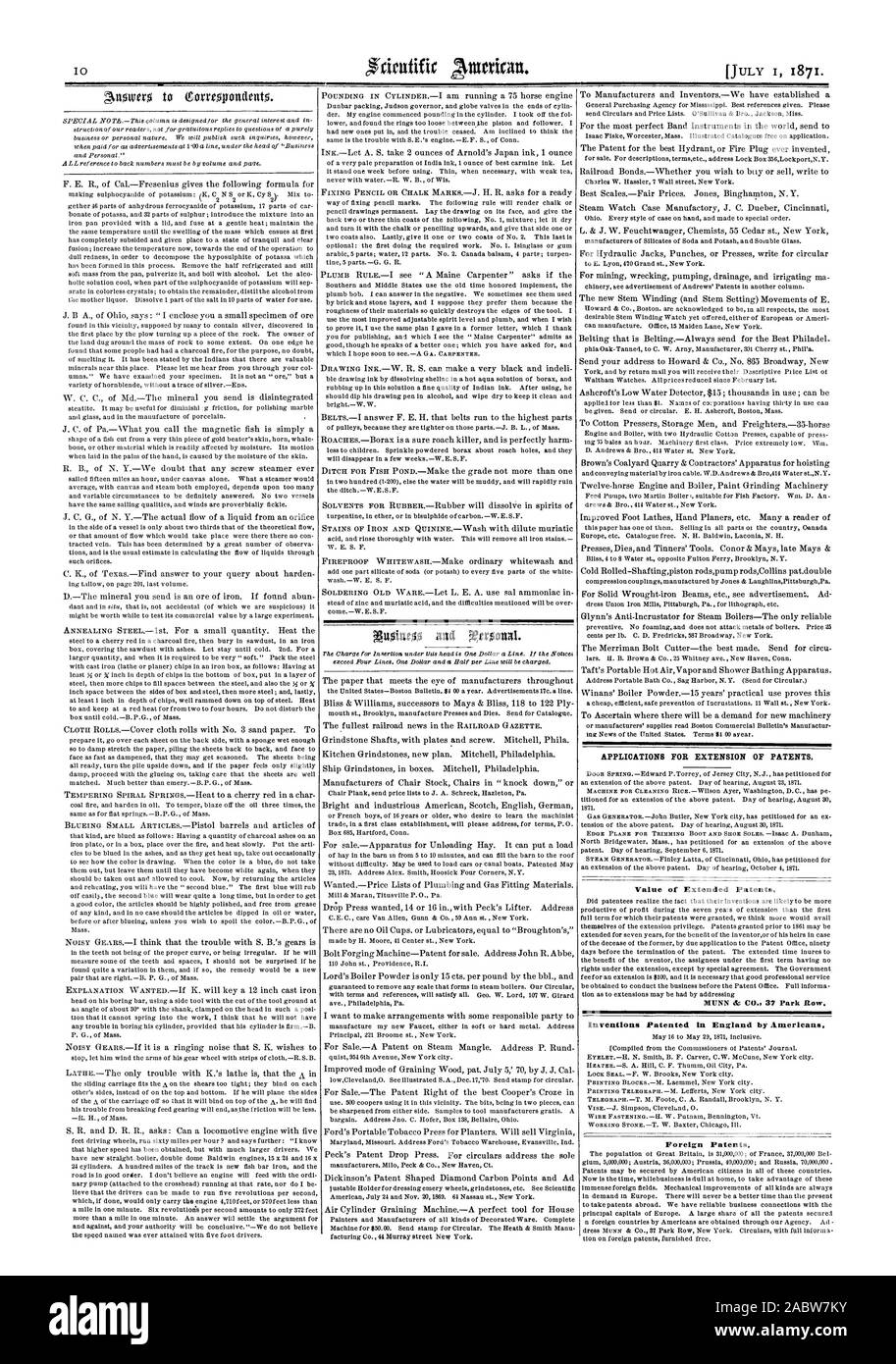 APPLICATIONS FOR EXTENSION OF PATENTS. Value of Extended Patents. MUNN & CO. 3V Park Raw. Inventions Patented in England by Americans. Foreign Patents., scientific american, 1871-07-01 Stock Photo