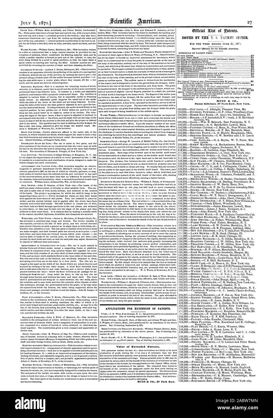 APPLICATIONS FOR EXTENSION OF PATENTS. Value of Extended Patents. MUNN & CO. 37 Park Row. ISSUED BY THE II S. PATENT OFFICE., scientific american, 1871-07-08 Stock Photo