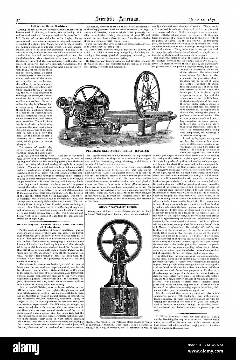 EINFOLD'S SELF-ACTING BRICK MACHINE. ICING'S 'VALVELESS' ENGINE. Self-acting Brick Machine. On the Physical Sciences which form the Basis of Technology., scientific american, 1871-07-22 Stock Photo