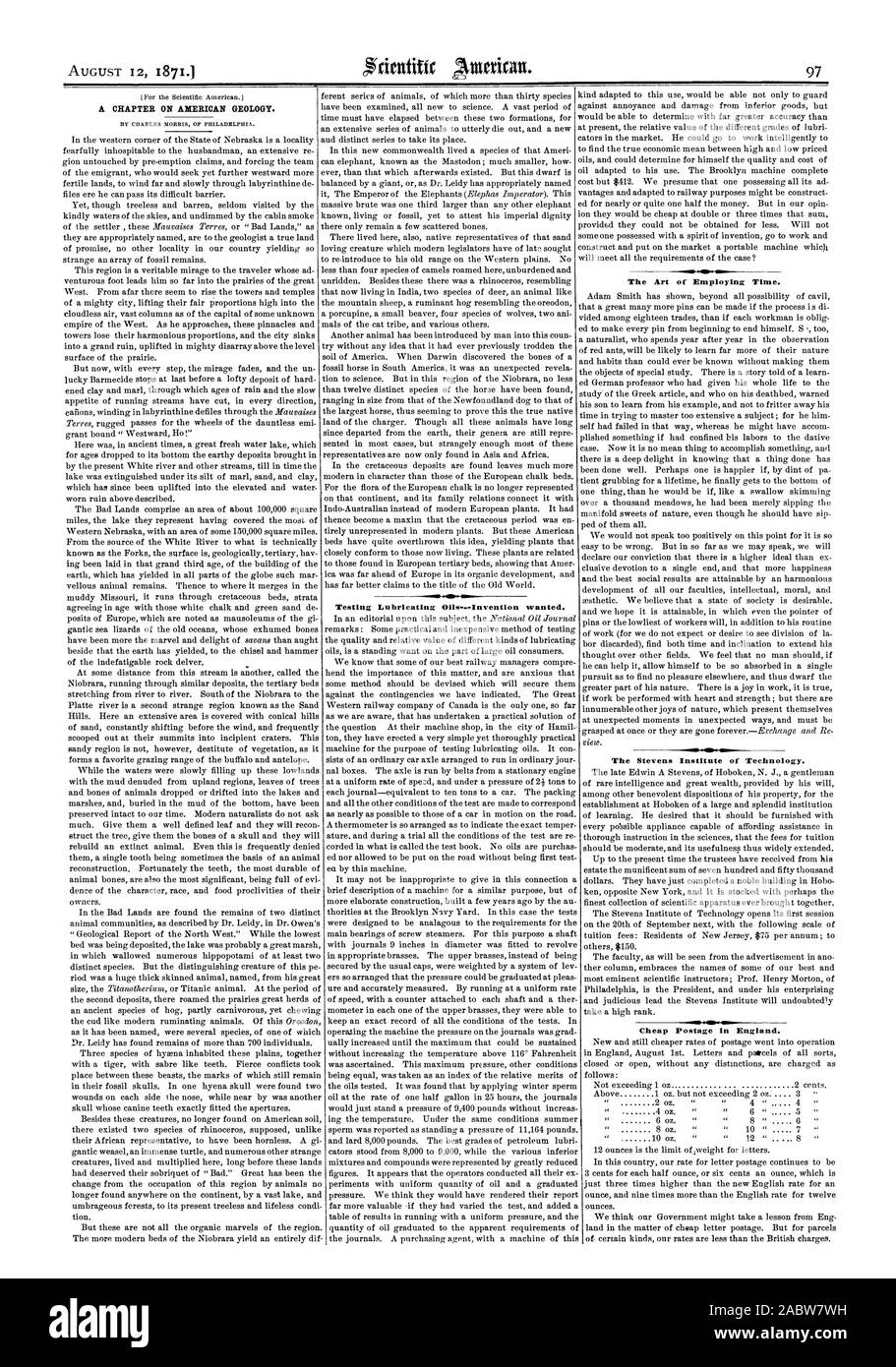 Testing Lubricating 0w-.-Invention wanted. A CHAPTER ON AMERICAN GEOLOGY. BY CHARLES MORRIS OF PHILADELPHIA The Art of Employing Time. The Stevens Institute of Technology. Cheap Postage in England., scientific american, 1871-08-12 Stock Photo