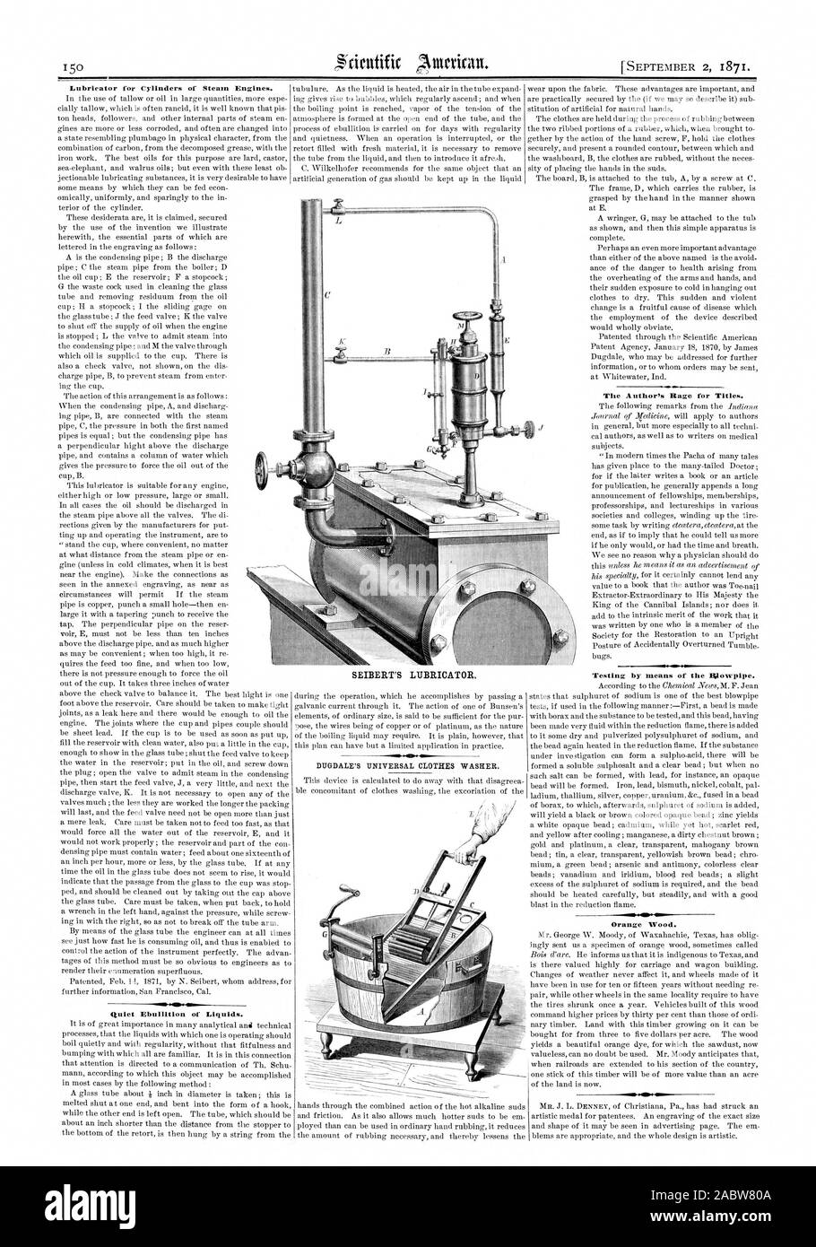 Lubricator for Cylinders of Steam Engines. Quiet Ebullition of Liquids. The Author's Rage for Titles. Orange Wood., scientific american, 1871-09-02 Stock Photo