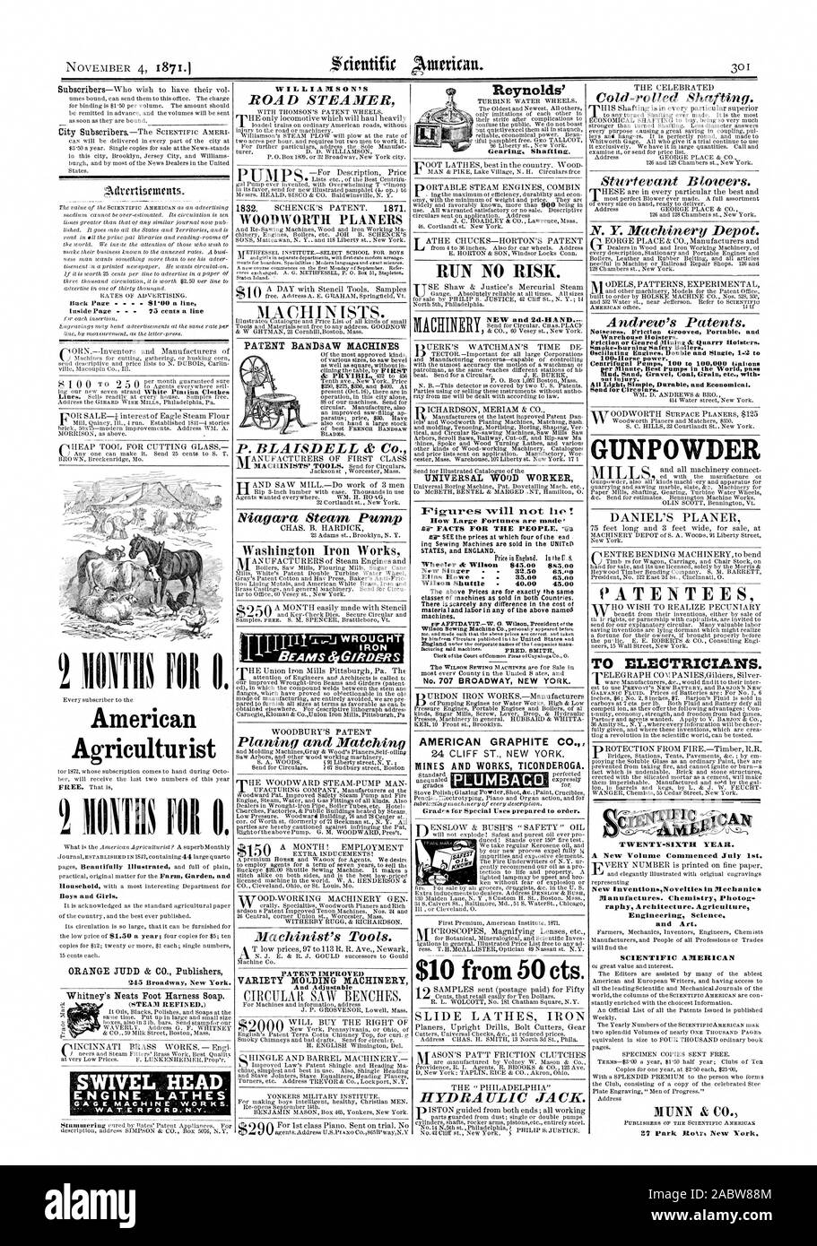 Inside Page  Vi cents a line SWIVEL HEAD. ENGINE  LATHES FOR 0. American Agriculturist iIONTIIS  O. Boys and Girls. 245 Broadway New York. (STEAM REFINED.) WILLIAMSON'S PUMPS. PATENT BANDSAW MACHINES PATENT IMPROVED VARIETY MOLDING MACHINERY And Adjustable Noiseless Friction brooved Portable and Warehouse Holsters. Friction or Geared Mining ek Quarry Holsters. Smoke-burning So fety Boilers. Oscillating Engines Double and Single 1.2 to 100-Horse power. Centrifugal Pumps 100 to 100000 Gallons per Mining Best Pumps in the World pass Had Sand Gravel Coal Grain etc. with out injury. All Light Stock Photo