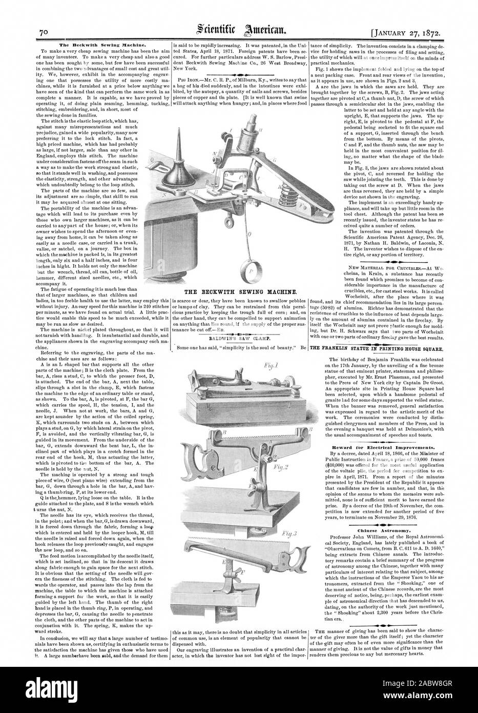 The Beckwith Sewing Machine. 1. Reward for Electrical Improvements. . Chinese Astronomy., scientific american, 1872-01-27 Stock Photo