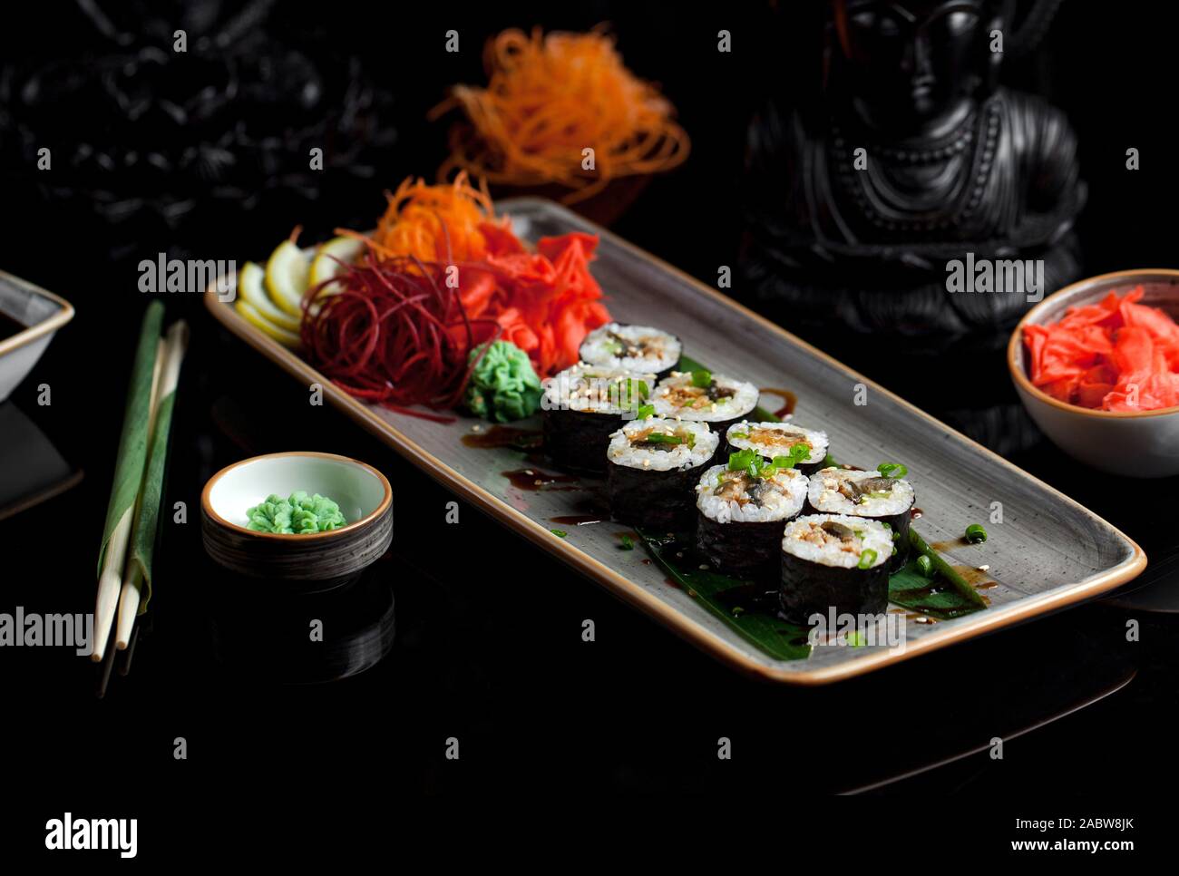 black rice sushi set with ginger and wasabi 1 Stock Photo - Alamy