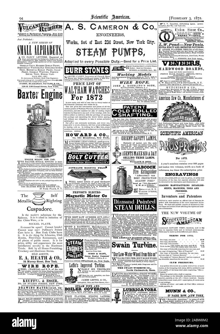 IYISON BLAKEMAN TAYLOR & CO. Baxter Engine ENGINE READY FOR USE. Cuspadore. WIRE ROPE. K.EUFFEL & ESSER. BURR STONES PRICE LIST OF For 1872 HOWARD ti CO. No. 865 Broadway New rork. BOLT CUTTER ASPHALT ROOFING FELTA Magnetic Motor C STEAM PIPE AND BOILER COVERING. WIRE ROPE. ORIENT SAFETY LAMPS SELLING THESE LAMPS. WALLACE & SONS BABCOCK AllSOLUTELY THE Send or 'It's Record.' Diamond - Pointed THE AMERICAN DIAMOND DRILL CO. No. 61 Liberty St. New York Swain Turbine ARTIFICIAL STONE & EMERY WHEELS BOSTON MASS. L.W.PondNew Tools. EXTRA HEAVY AND IMPROVED PATTERNS. VENEERS HARDWOOD BOARDS A. S Stock Photo