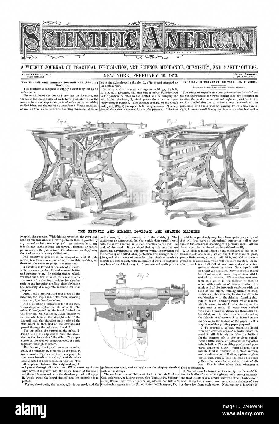 A WEEKLY JOURNAL OF PRACTICAL INFORMATION ART SCIENCE MECHANICS CHEMISTRY AND MANUFACTURES. Nrol.NXVI.-No. 7. The Pennell and Zimmer Dovetail and : Shaping Machine. THE PENNELL AND ZIMMER DOVETAIL AND SHAPING MACHINE., scientific american, 1872-02-10 Stock Photo