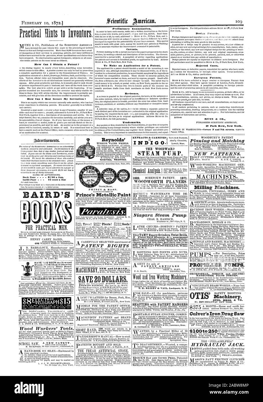 PATENT ARTICLES T. R. BAILEY & VAIL Lockport N. Y. SHAFTING with PATENT HANGERS Mad. Enk wsotants. TRADRIMARK. PRINCE At BASS MANUFACTURERS OF Milling Machines. PROPELLER PUMPS. MATHUSHEK PIANO FORTES. Culver's Iron Drag Saw Reynolds, scientific american, 1872-02-10 Stock Photo