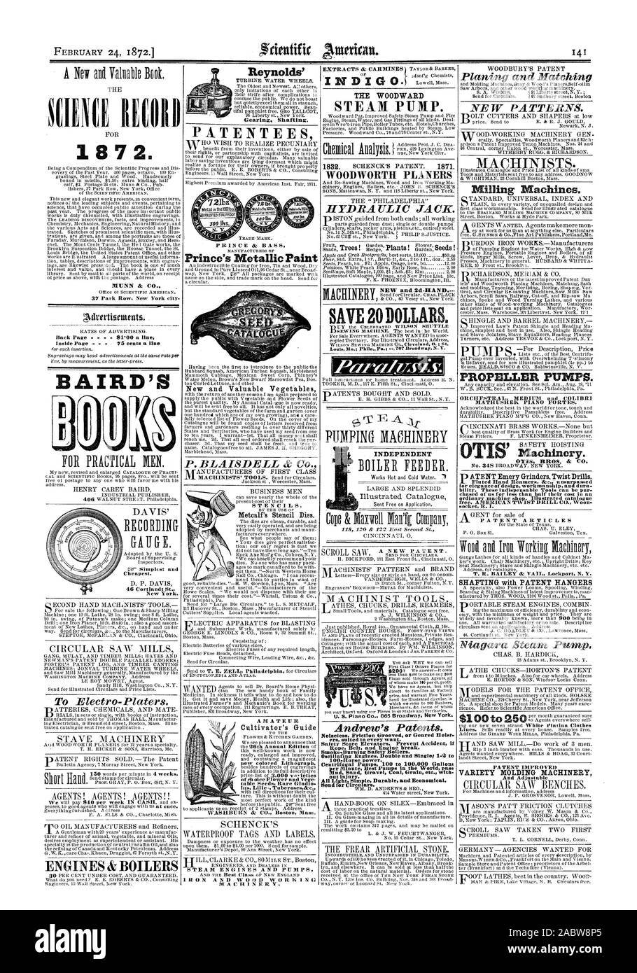 Rope Belt and Engine break. Smoke-Burning Safety Boilers. 100-Horse power. Centrifugal Pumps 100 to 100000 Gallons out injury. All Light Simple Durable and Economical. Simpkst and Cheapest. 46 Cortlandt St. New York. PRINCE & BASS, scientific american, 1872-02-24 Stock Photo