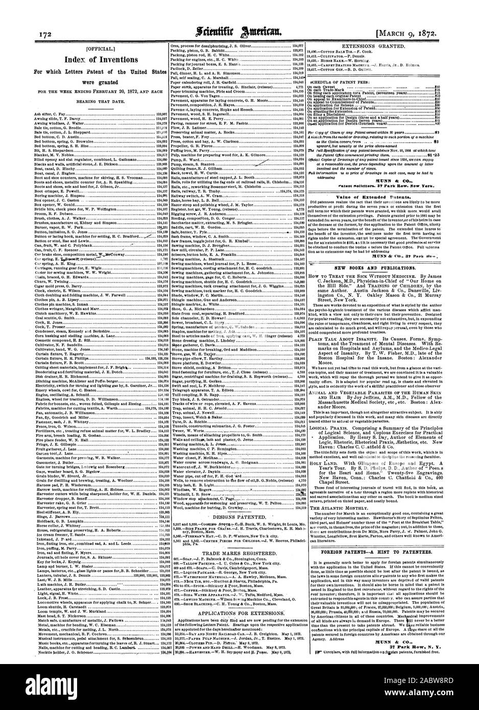 [OFFICIAL. Index of Inventions For which Letters Patent of the United States were granted addressing RUNN Sc. 00 Value of Extended Patents. NEW BOOKS AND PUBLICATIONS., scientific american, 72-03-09 Stock Photo