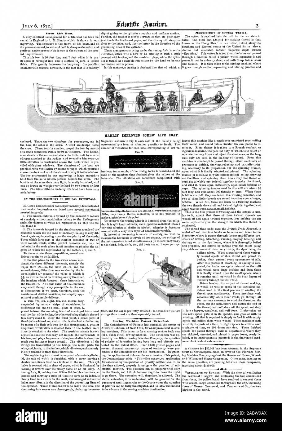 Screw Life Boat. Manufacture of Sewing Thread. ON THE MEASUREMENT OF MUSICAL INTERVALS. HARRIS' IMPROVED SCREW LIFE BOAT. Sewing Machine Patent Extended., scientific american, 1872-07-06 Stock Photo