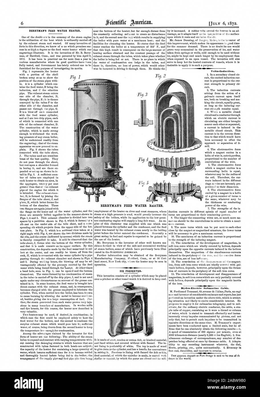 BERRYMAN'S FEED WATER HEATER. ICE PRESERVER. Volta-Induction. Hydre-Electric Submarine Cable., scientific american, 1872-07-06 Stock Photo
