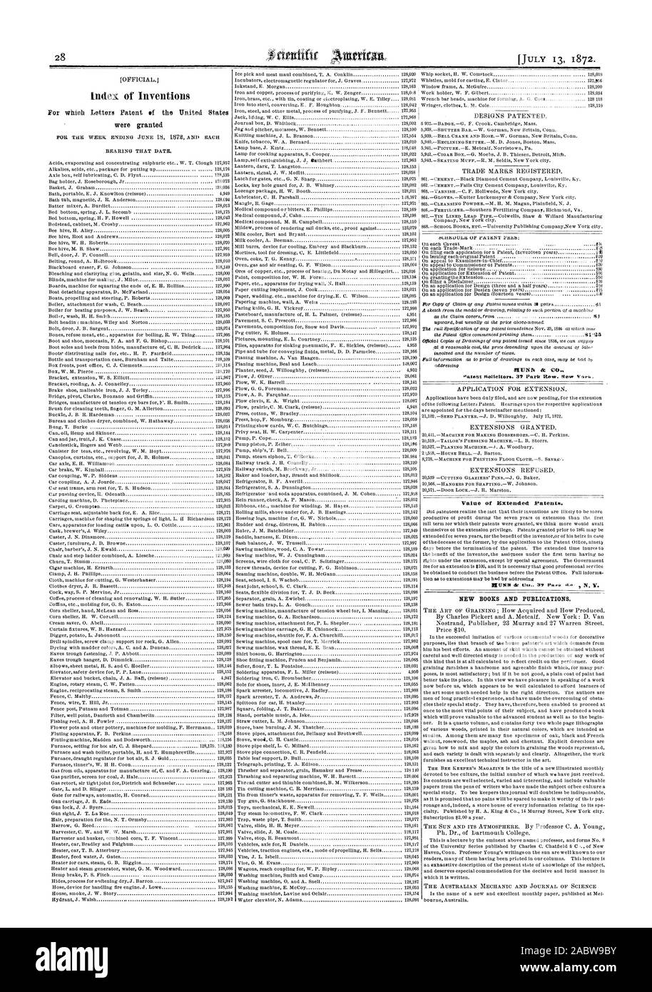 Index of Inventions Value of Extended Patents. NEW BOOKS AND PUBLICATIONS., scientific american, 1872-07-13 Stock Photo