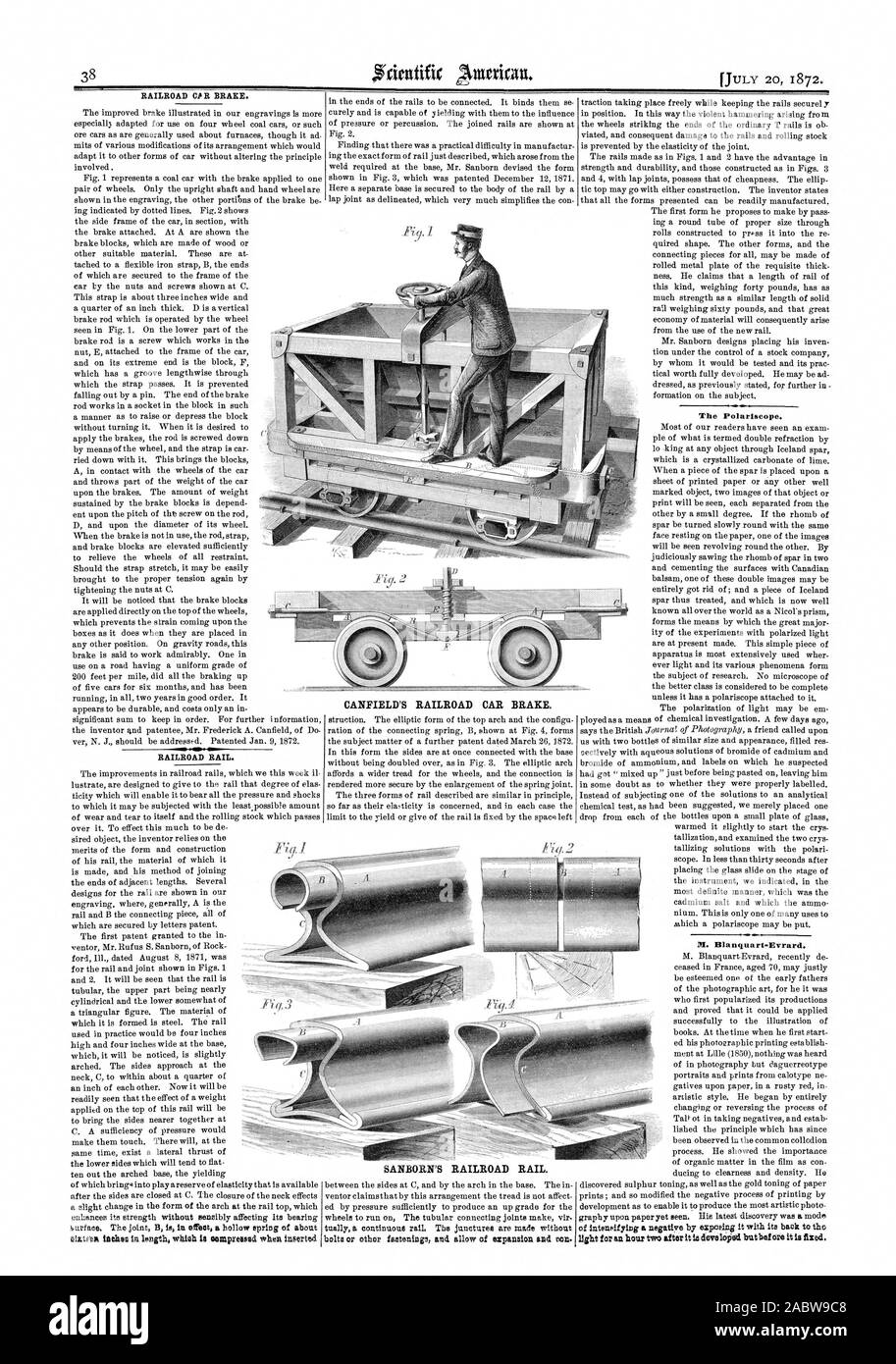 RAILROAD CP R BRAKE. RAILROAD RAIL. CANFIELD'S RAILROAD CAR BRAKE. The Polariscope. M. Blanquart Evrard., scientific american, 1872-07-20 Stock Photo