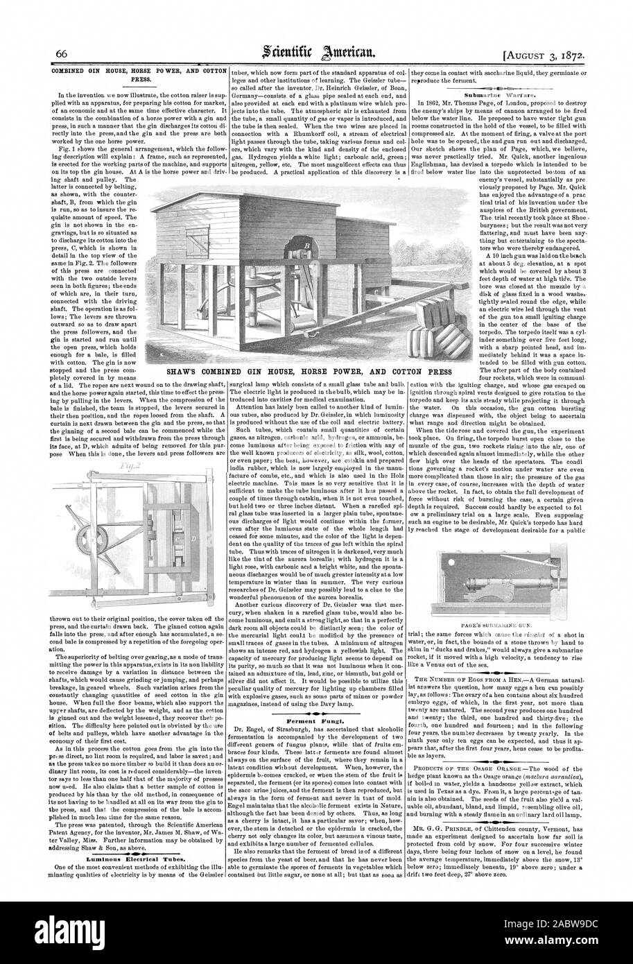 Luminous Electrical Tubes. Ferment Fungi. Submarine Warfare. NED GIN HOUSE HORSE POWER AND COT TON PRESS, scientific american, 1872-08-03 Stock Photo