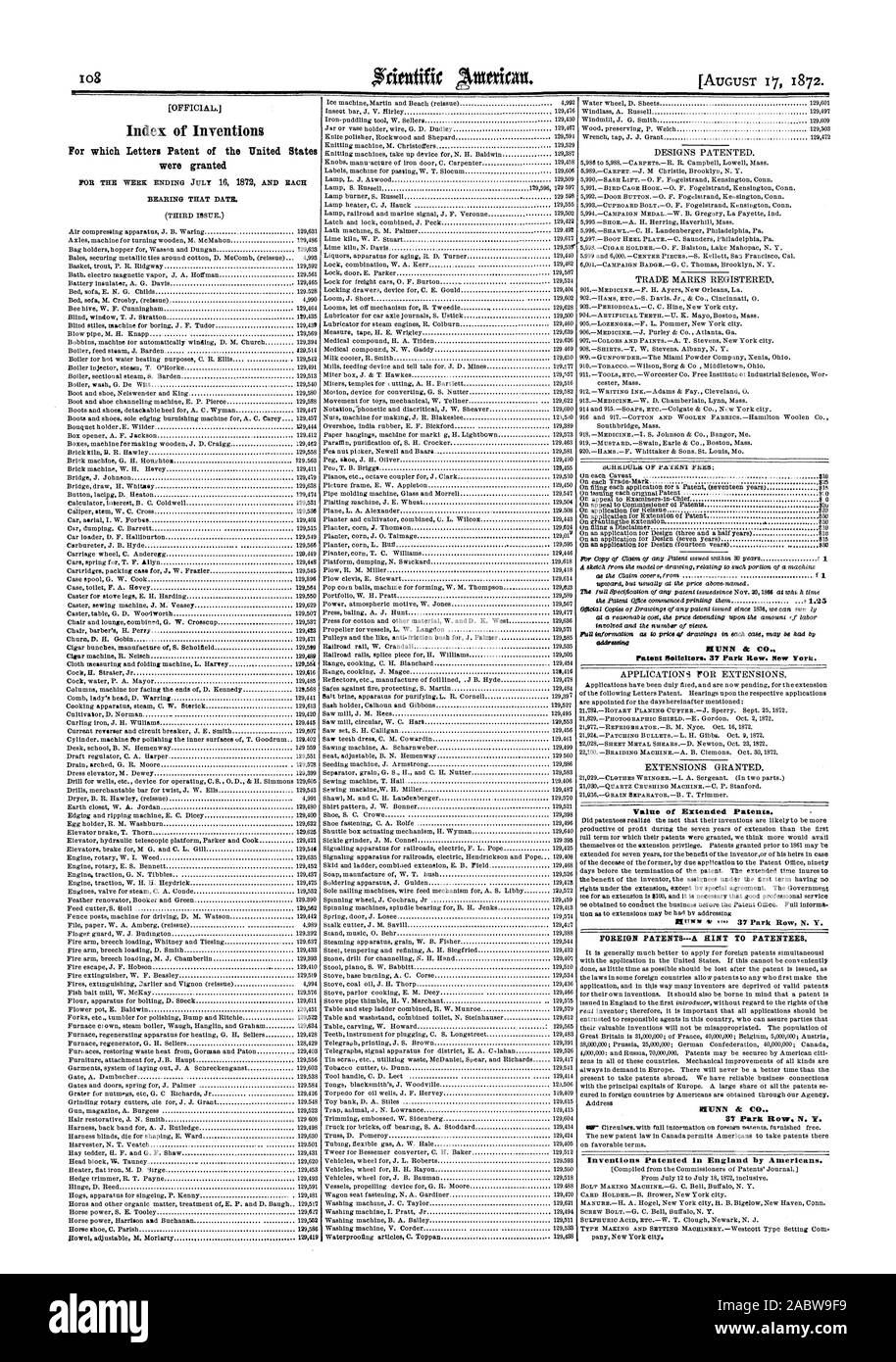 [OFFICIAL. Index of Inventions For which Letters Patent of the United States were granted 50 addressing Patent Solicitors. 37 Park Row Mew York. Value of Extended Patents. FOREIGN PATENTS-A SINT TO PATENTEES. NIUNN k C 37 Park Row N. V. Inventions 'Patented in England by Americans., scientific american, 1872-08-17 Stock Photo