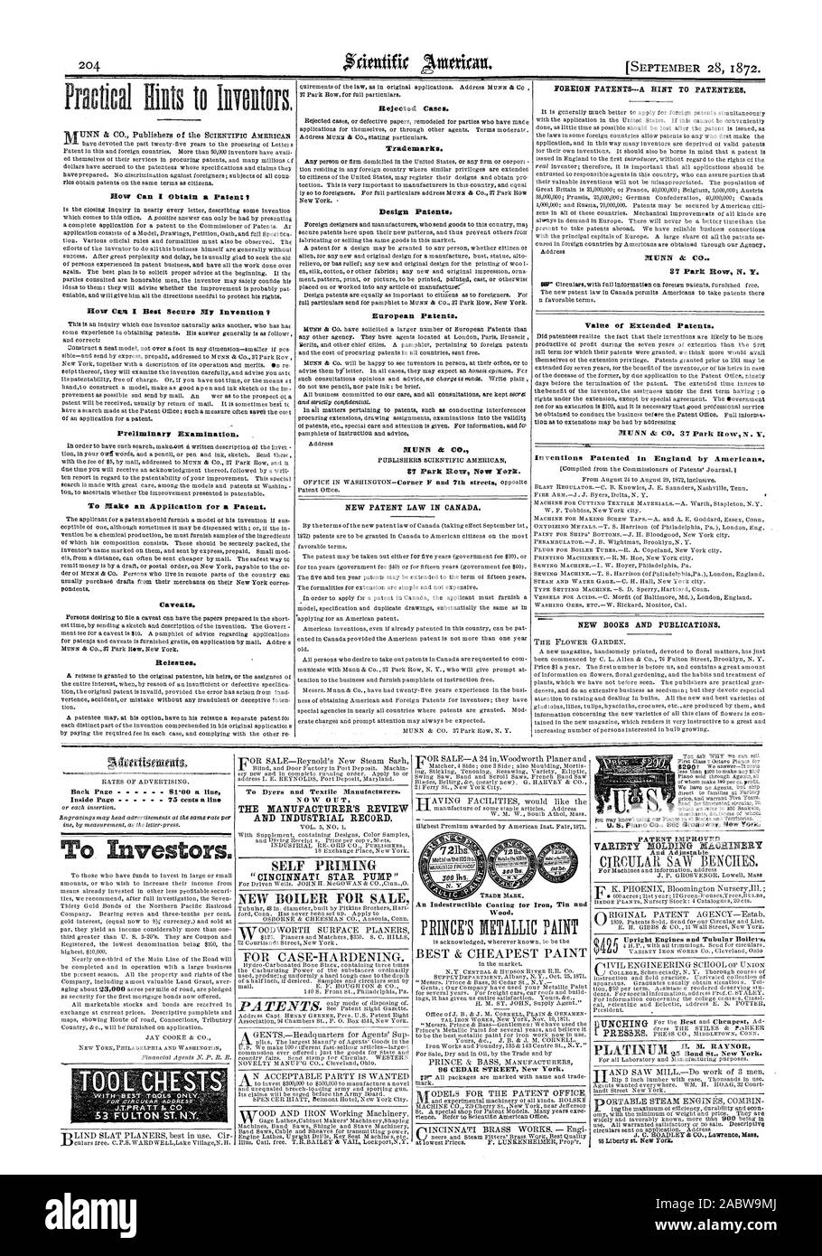 SEPTEMBER 28 1872. How Cam I Best Secure lily Invention Preliminary Examination. Caveats. Reissues. Rejected Cases. Trademark European Patents. Value of Extended Patents. Inside Page -  75 cents a line To Investors. To Dyers and Textile IVIanufactarers. THE MANUFACTURER'S REVIEW AND INDUSTRIAL RECORD. ' CINCINNATI STAR PUMP' Wood. 96 CEDAR STREET New York. PATENT IMPROVED VARIETY MOLDING ACHINERY PRESSES. kRER op, scientific american, 1872-09-28 Stock Photo