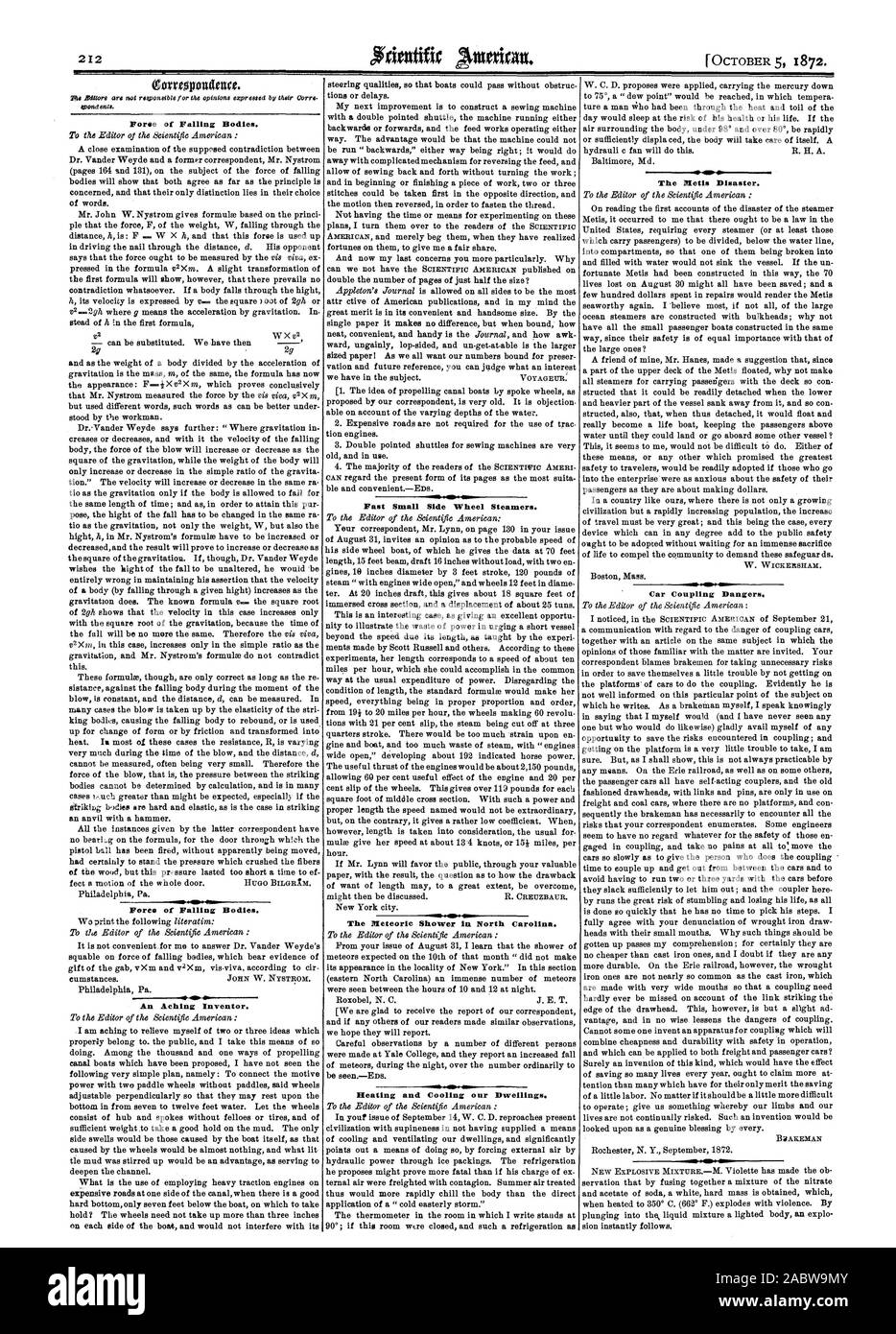 Foree of Falling Bodies. Fares of Falling Bodies. An Aching Inventor. Fast Small Side Wheel Steamers. The Meteoric Shower in North Carolina. Heating and Cooling our Dwellings. The Netts Disaster. Car Coupling Dangers., scientific american, 1872-10-05 Stock Photo