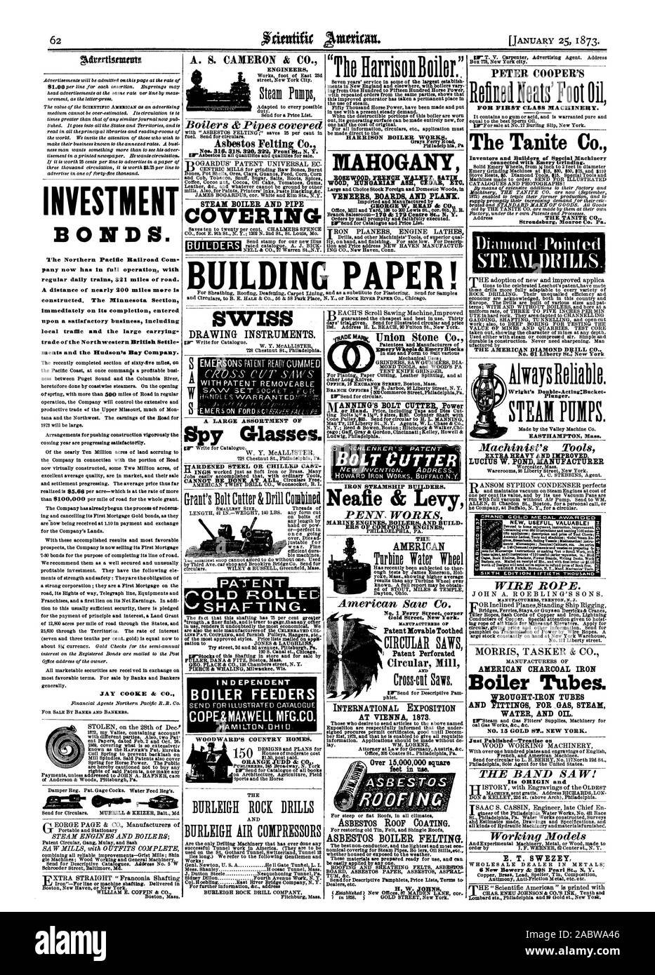 A. S. CAMERON & CO. ENGINEERS Boilers & Pipes covered STEAM BOILER AND PIPE COVERING 'Tho ilarrisollBoilor.' HARRISON BOILER WORKS AHOGJOTY Large and Choice Stock Foreign and Domestic Woods in VENEERS BOARDS AND PLANK. GEORGE W RIAD OP C0.1 Orders by mail promptly and faithfully executed. g%druilstratut INVESTMENT BONDS. The Northern Pacific Railroad Com pany now has in full operation with regular daily trains 321 miles of road. A distance of nearly 200 miles more is constructed. The Minnesota Section immediately on its completion entered upon a satisfactory business including local traffic Stock Photo