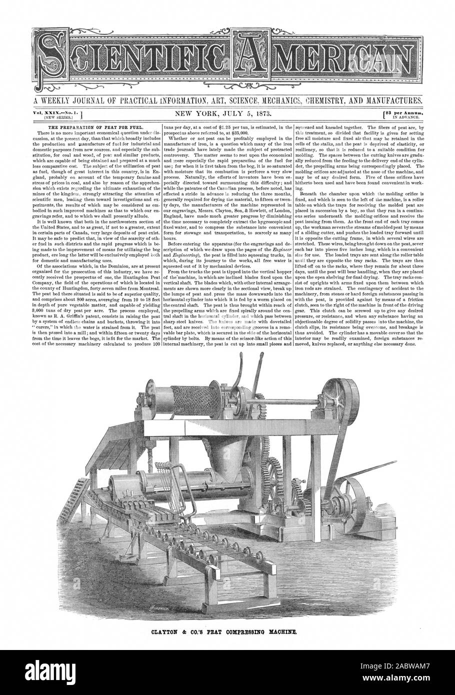 A WEEKLY JOURNAL OF PRACTICAL INFORMATION ART SCIENCE MECHANICS CHEMISTRY AND MANUFACTURES. Vol. XX1X.--No.1. 1433 per Annum THE PREPARATION OF PEAT FOR FUEL. CLAYTON & CO.'S PEAT COMPRESSING MACHINE, scientific american, 1873-07-05 Stock Photo