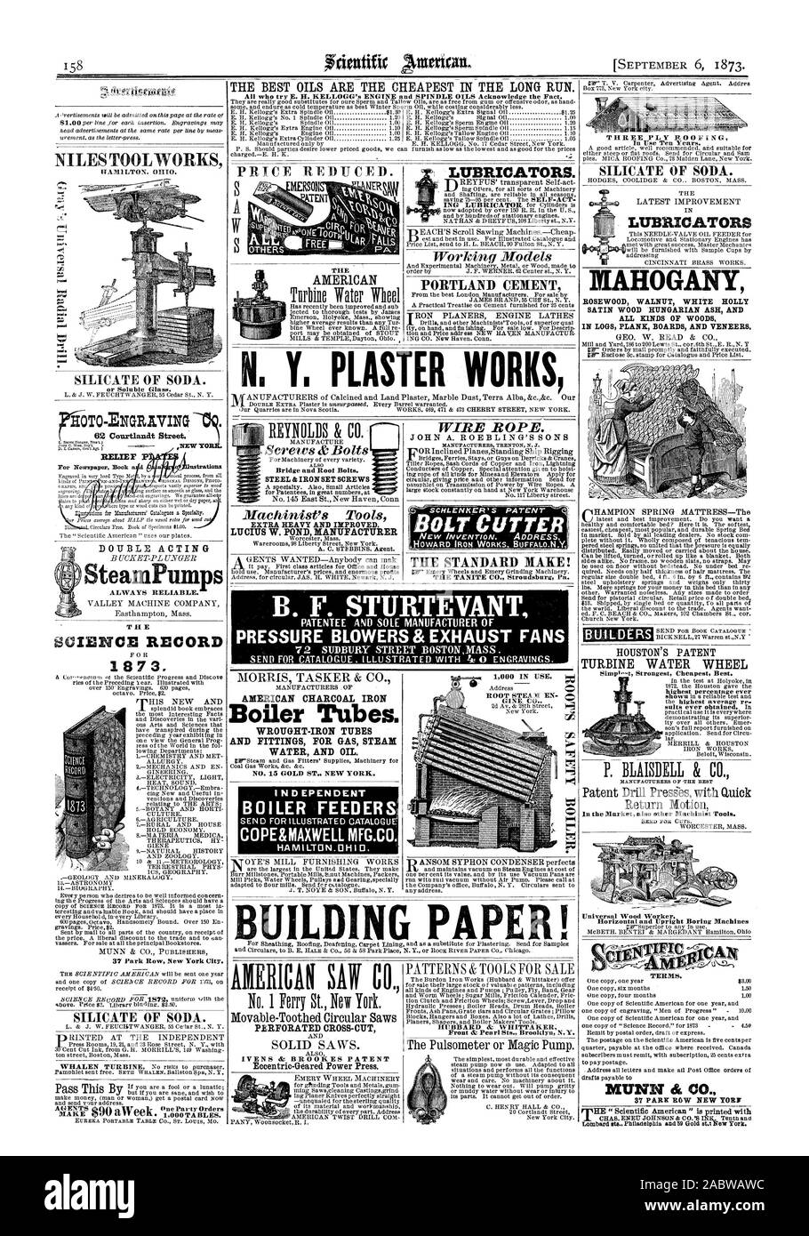 AMERICAN CHARCOAL IRON Boiler Tubes. WROUGHT-IRON TUBES AND FITTINGS FOR GAS STEAM WATER AND OIL NO. 15 GOLD ST NEW YORK. I ND EPEN DENT BOILER FEEDERS COPE&MAXWELL MFG.CO. HAMILTON.OH10. OYE'S MILL FURNISHING WORKS AIERICAR SAW CO. PERFORATED CROSS-CUT IVENS & BROISIES PATENT LUBRICATORS. PORTLAND CEMENT WIRE ROPE. JOHN A. ROEBLING'S SONS BOLT CUTTER THE TANITE CO. Stroudsburg Pa. HUBBARD & WHITTAKER Front Az Pearl Ste. Brooklyn N.Y. LATEST IMPROVEMENT IN LUBRICATORS MAHOGANY ROSEWOOD WALNUT WHITE HOLLY SATIN WOOD HUNGARIAN ASH AND ALL KINDS OF WOODS IN LOGS PLANK BOARDS AND VENEERS. GEO. W Stock Photo