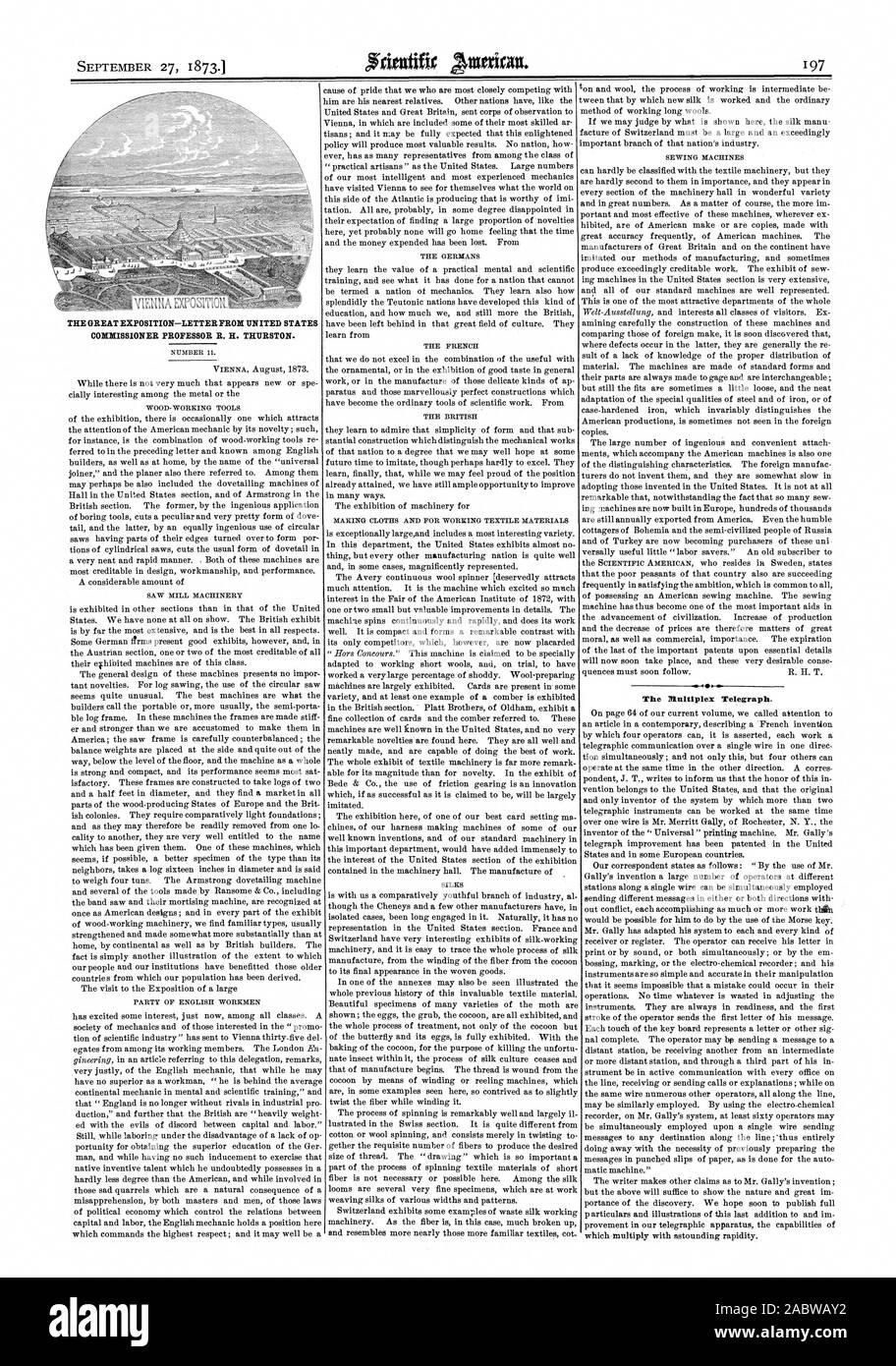 THE GREAT EXPOSITION—LETTER FROM UNITED STATES COMMISSIONER PROFESSOR R. H. THURSTON. The Multiplex Telegraph., scientific american, 1873-09-27 Stock Photo