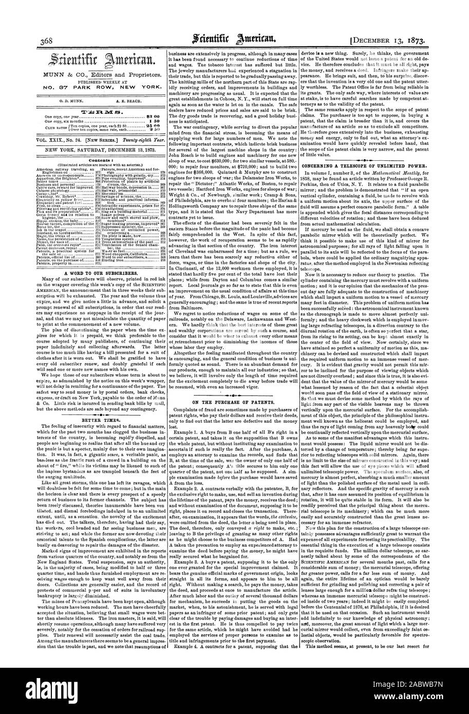 NO. 87 PARK ROW NEW YORK. I. i& . Contents : A WORD TO OUR SUBSCRIBERS. BETTER TINES. ON THE PURCHASE OF PATENTS. CONCERNING A TELESCOPE OF UNLIMITED POWER., scientific american, 1873-12-13 Stock Photo
