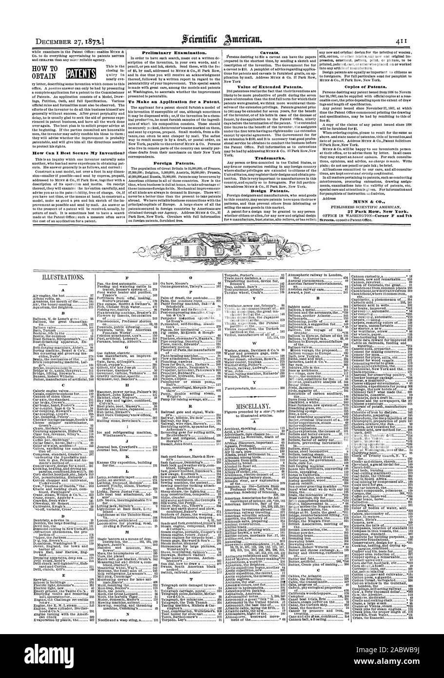 Caveats. Value of Extended Patents. Trademarks. Design Patents. Copies of Patents. MUNN & CO. 37 Park Row New York. Mow Can I Best Secure My Invention? Preliminary Examination. To Make an Application for a Patent. Foreign Patents. HOW T OBTAIN PATENT B, scientific american, 1873-12-27 Stock Photo