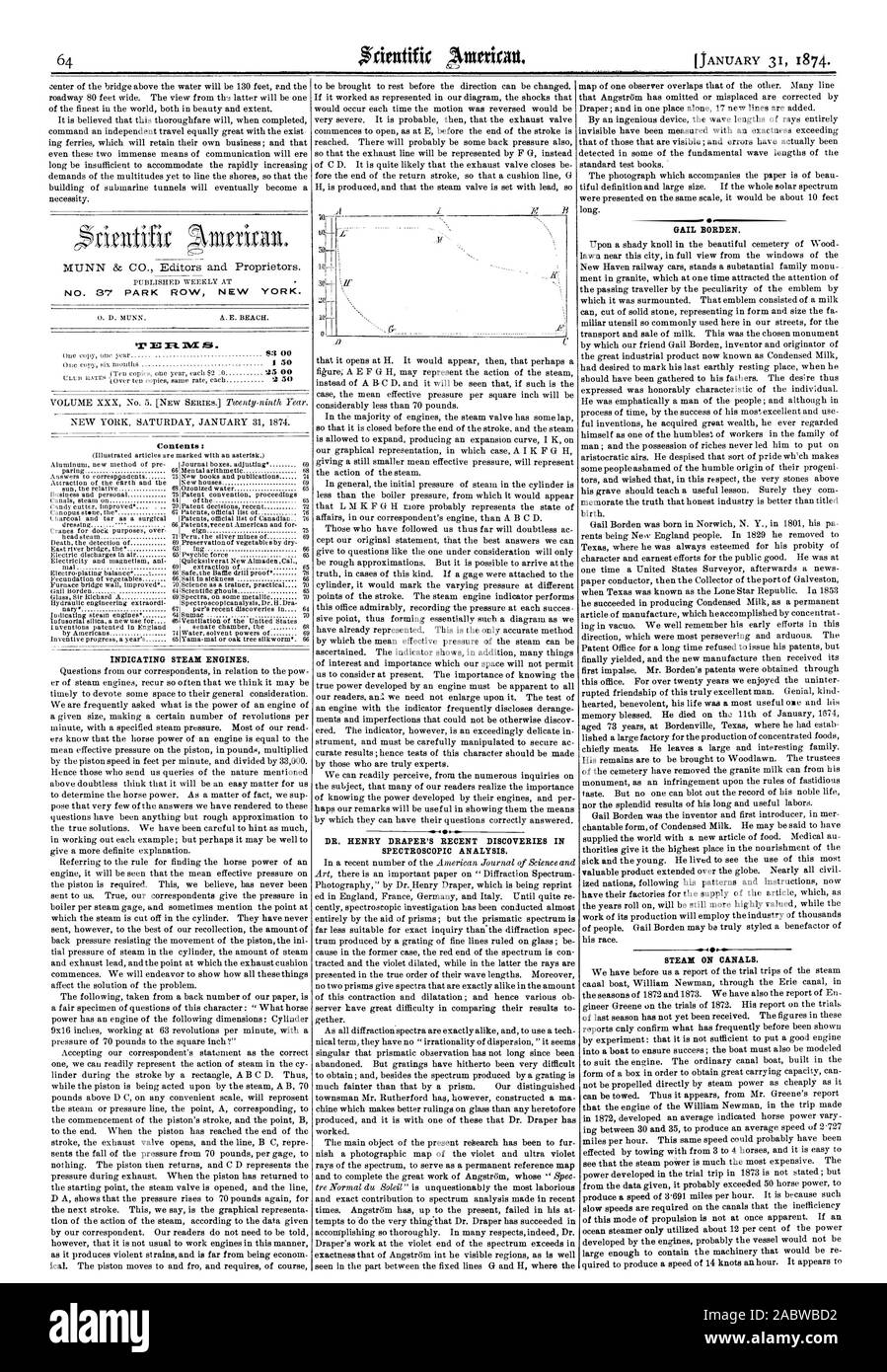 INDICATING STEAM ENGINES. DR. HENRY DRAPER'S RECENT DISCOVERIES IN SPECTROSCOPIC ANALYSIS. GAIL BORDEN. .  STEAM ON CANALS. Contents : NO. 37 PARK ROW NEW YORK. R3 00 1 50 25 00, scientific american, 1874-01-31 Stock Photo