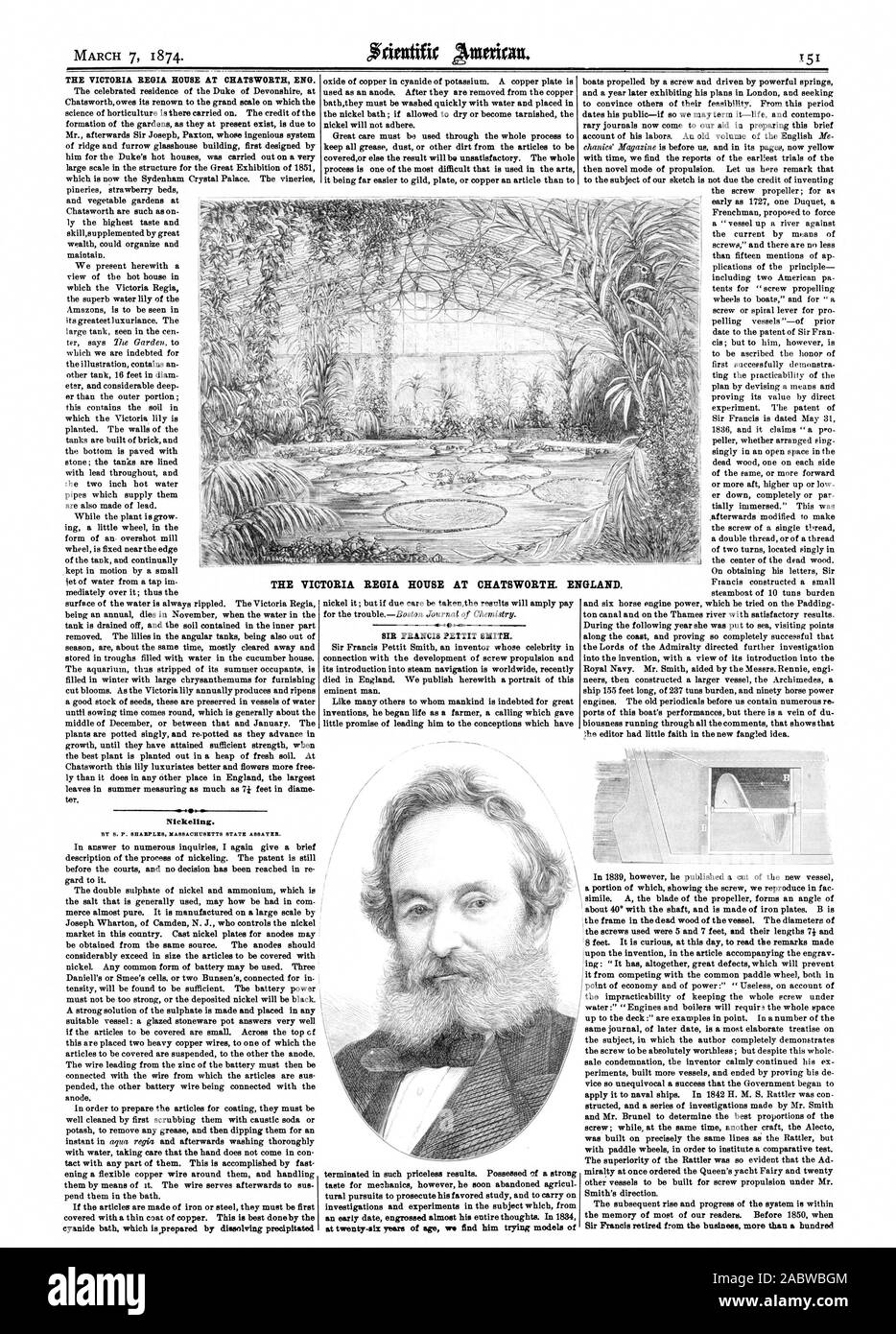 Nickeling. THE VICTORIA REGIA HOUSE AT CHATSWORTH. ENGLAND., scientific american, 1874-03-07 Stock Photo