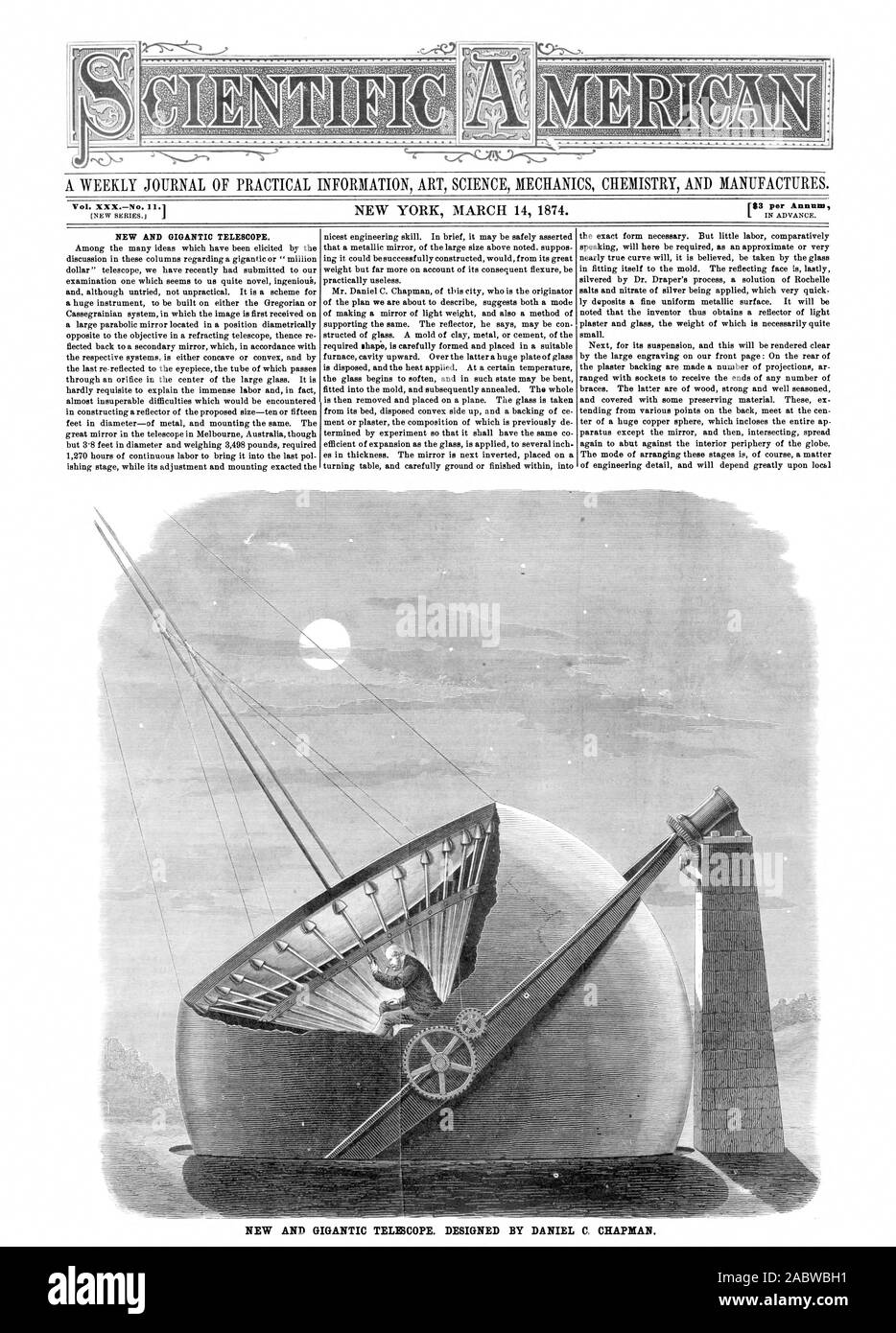 Vol. XXXNo. .1 183 per Annum NEW AND GIGANTIC TELE3COPE. DESIGNED BY DANIEL C. CHAPMAN., scientific american, 74-03-14 Stock Photo