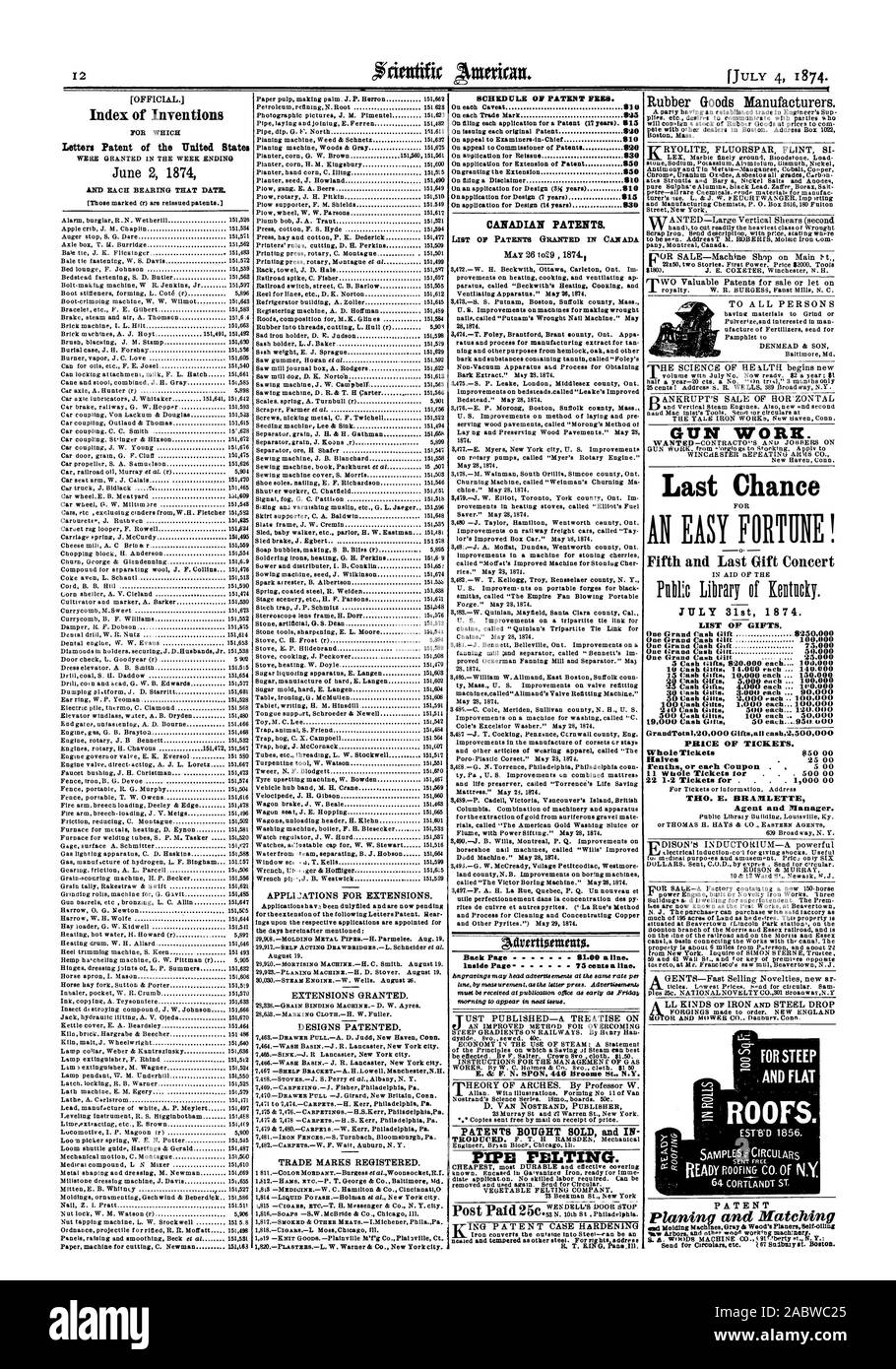 Index of Inventions Letters Patent of the United States CANADIAN PATENTS. LIST OF PATENTS GRANTED IN CANADA Back Page  81.00 situ. inside Page 73 cents a ltne. PATENTS BOUGHT SOLD and IN PIPE PELTING. Post Paid 25c GUN WORK. Last Chance AN EASY FORTUNE! Fifth and Last Gift Concert JULY 31st 1874 LIST OF GIFTS. One Grand Cash Gift 8250000 One Grand Cash 14't  100000 5 Cash Gifts 1420.000 each 1041000 10 Gash Gifts 14.000 each  140.000 500 Cssh Ginn 100 each  50000 19000 Cash Gifts 50 eat:h 950.4)00 GrandTotal20000 Giftsall cash2500000 PRICE OF TICKETS. Whole Tickets 850 00 Halves 25 00 renths Stock Photo