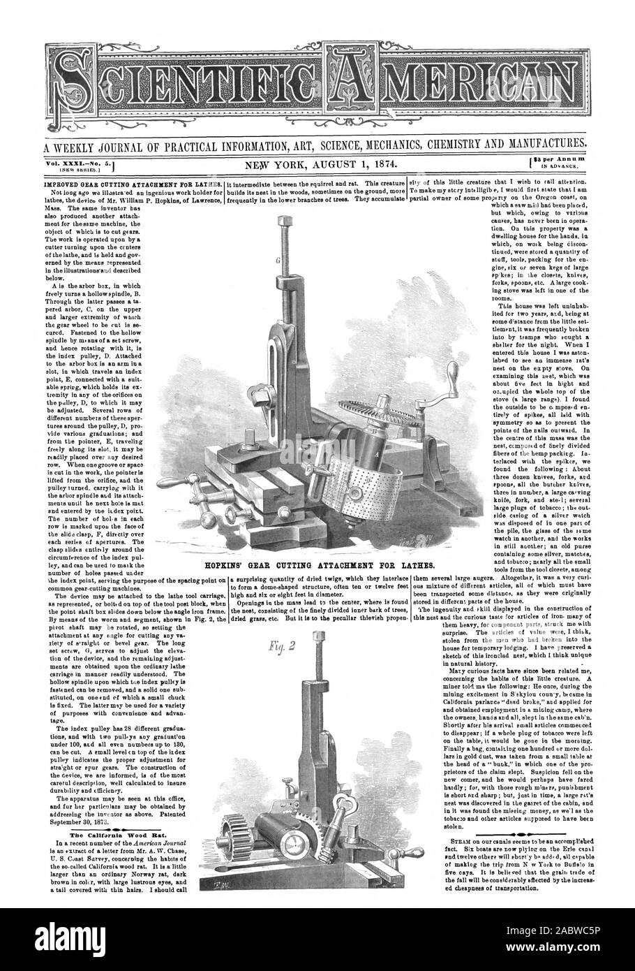 Vol. XXXINo. 5.1 INIICV SMILES.) HOPKINS' GEAR CUTTING ATTACHMENT FOR 40-01 The California Wood Rat. TOOTOB. LATHES., scientific american, 1874-08-01 Stock Photo