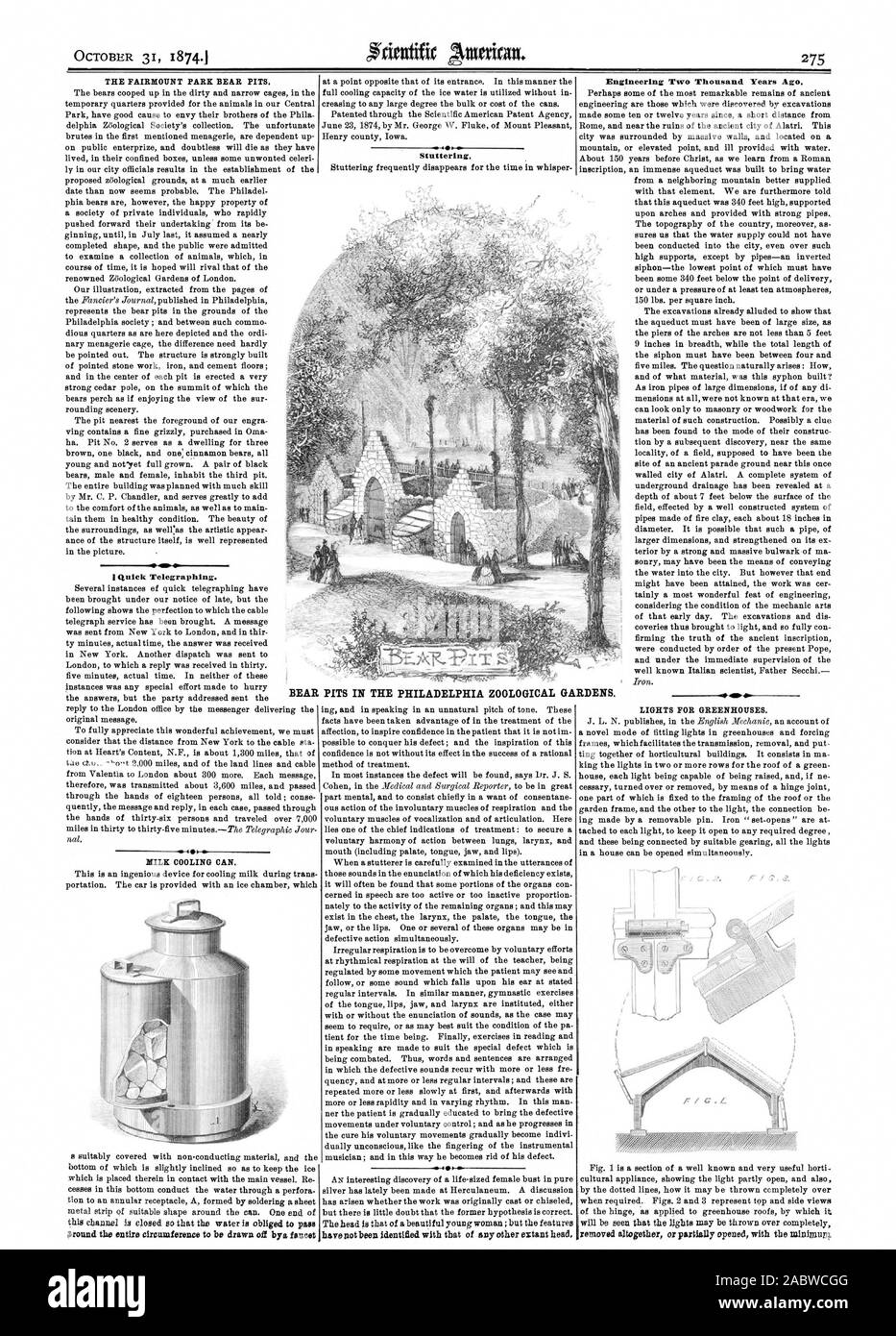 THE FAIRMOUNT PARK BEAR PITS.Quick Telegraphing. 1-0 MILK COOLING CAN. Stuttering Engineering Two Thousand Years Ag LIGHTS FOR GREENHOUSES. BEAR PITS IN THE PHILADELPHIA ZOOLOGICAL GARDENS., scientific american, 1874-10-31 Stock Photo