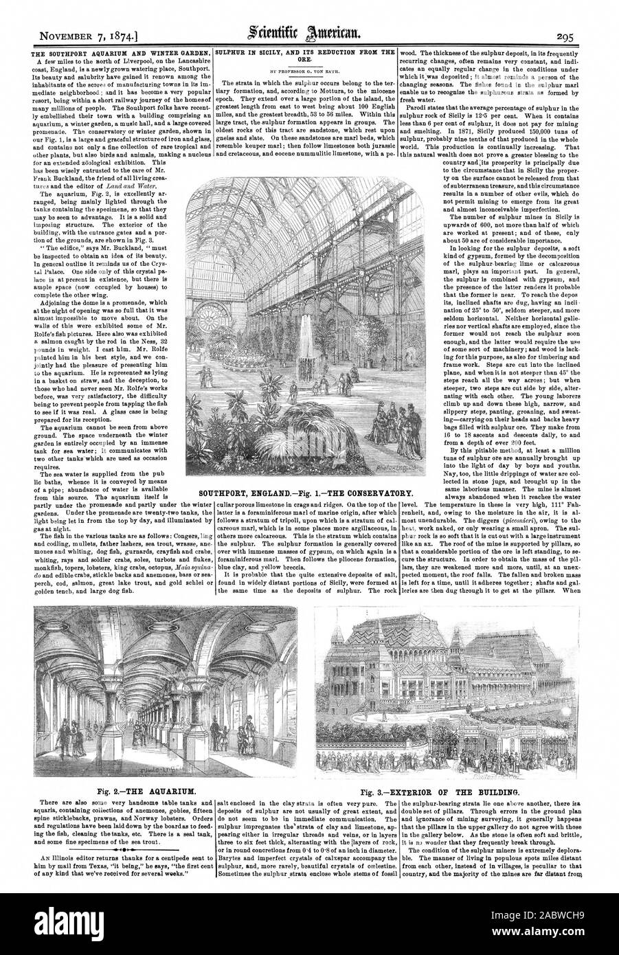THE SOUTHPORT AQUARIUM AND WINTER GARDEN. SULPHUR IN SICILY AND ITS REDUCTION FROM THE ORE. SOUTHPORT ENGLANDFig. 1THE CONSERVATORY. Fig. 3EXTERIOR OF THE BUILDING. Fig. 2THE AQUARIUM., scientific american, 1874-11-07 Stock Photo