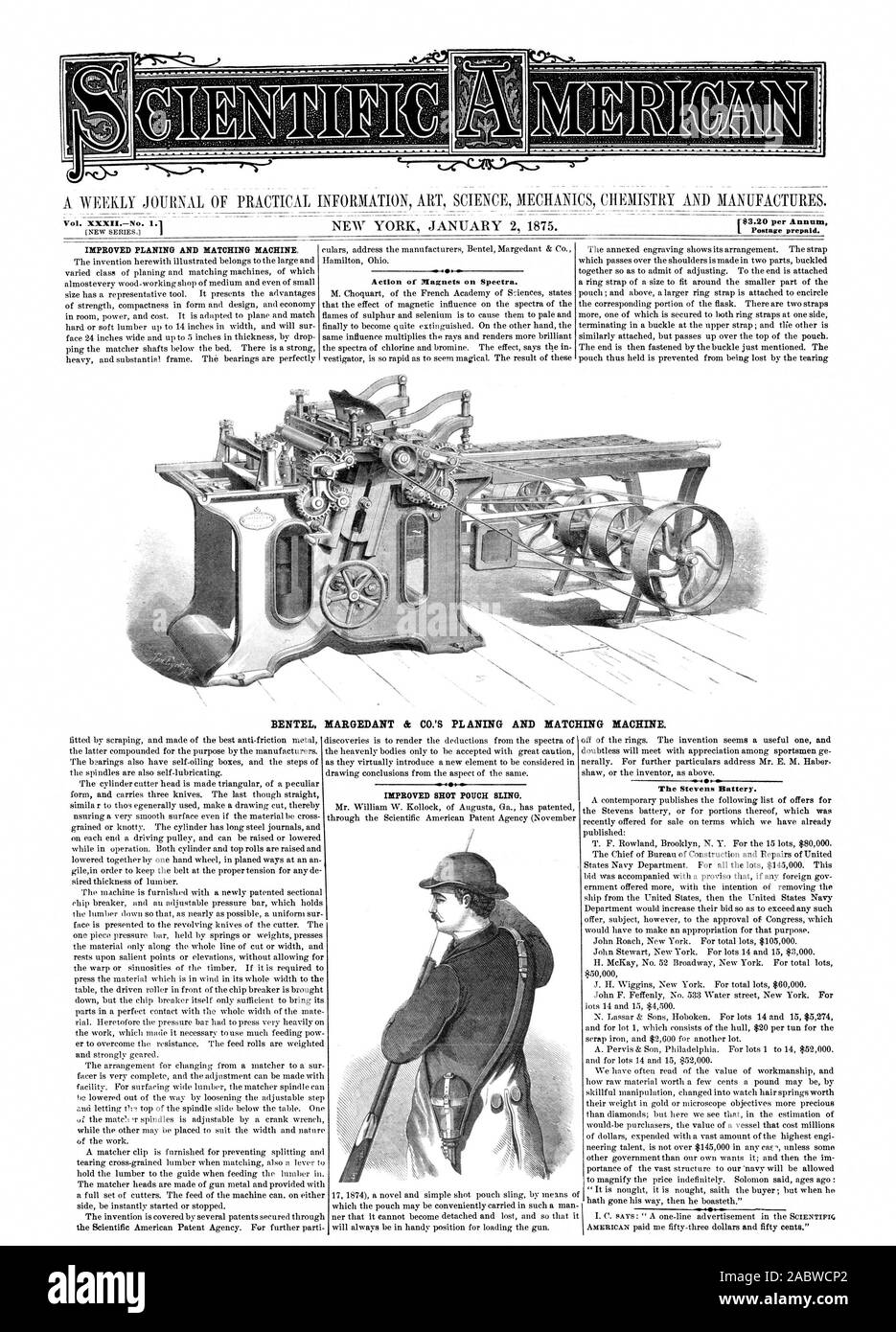r$3.20 per Annum Action of Magnets on Spectra. BENTEL MARGEDANT & CO.'S PLANING AND MATCHING MACHINE. The Stevens Battery., scientific american, 1875-01-02 Stock Photo