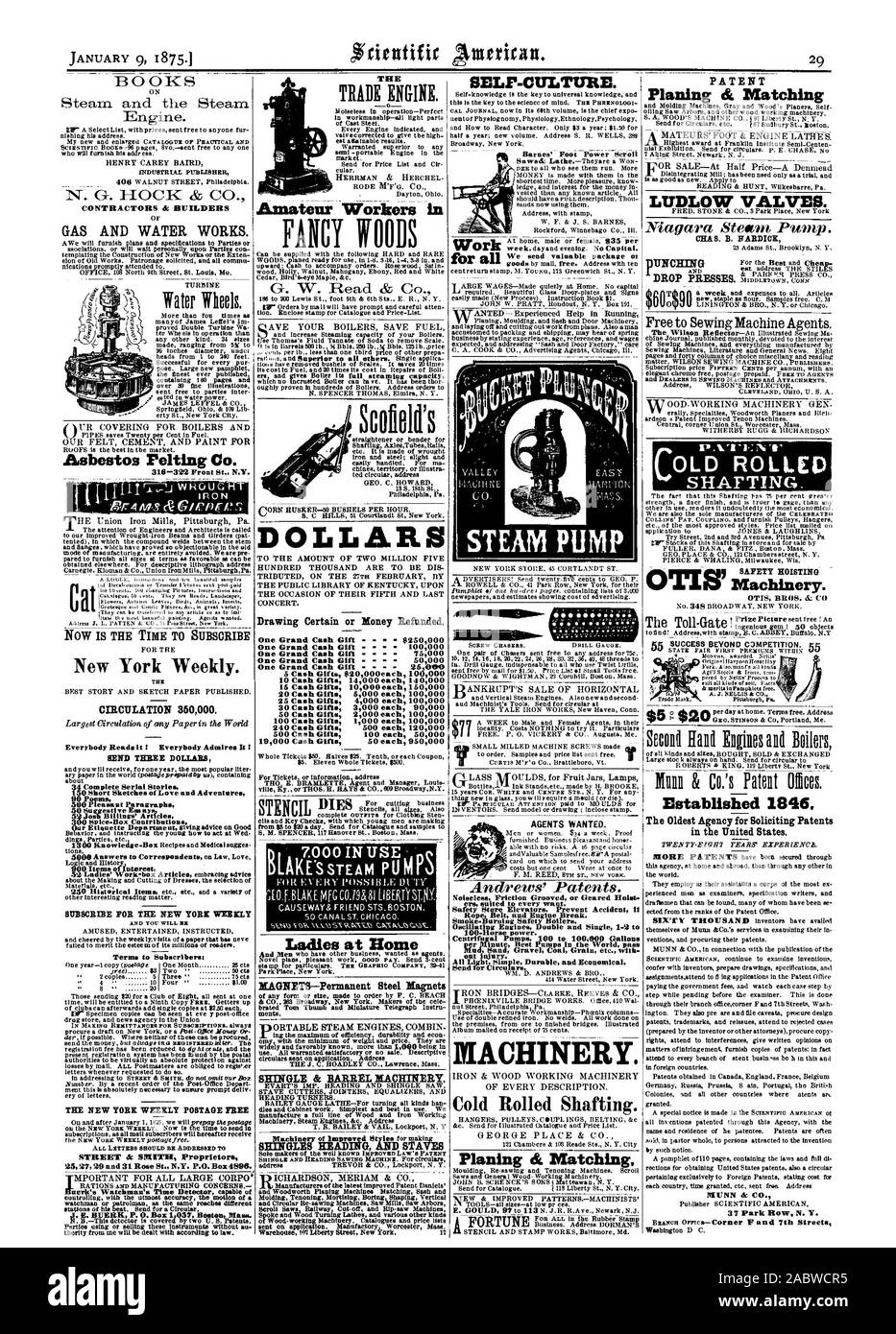 100-Horse power. Centrifugal Pumps 100 to 100000 Gallons IRON & WOOD WORKING MACHINERY OF EVERY DESCRIPTION. Cold Rolled Shafting. GEORGE PLACE & CO. Planing dc Matching. MACHINE SELF-CULTURE AGENTS WANTED. PATENT Planing di. Matching LUDLOW VALVES. Niagara Steam Pump. CHAS. B. HARDICK, scientific american, 1875-01-09 Stock Photo