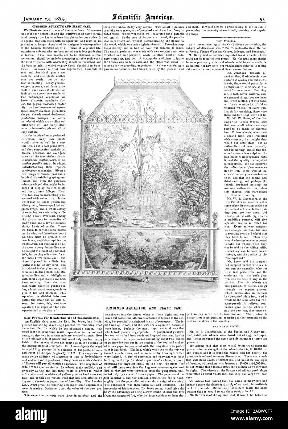 COMBINED AQUARIUM AND PLANT CAKE. New ProecaN for Rendering Wood Incombustible. COMBINED AQUARIUM AND PLANT CASE. cAlt WHEEL FITTING, scientific american, 1875-01-23 Stock Photo