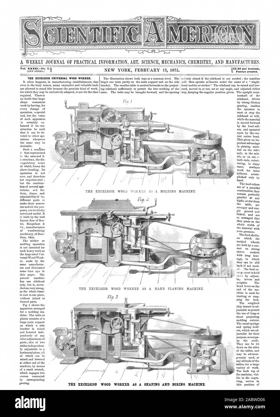 THE EXCELSIOR UNIVERSAL WOOD WORKER. THE EXCELSIOR WOOD WORKER AS A SHAPING AND BORING MACHINE, scientific american, 1875-02-13 Stock Photo