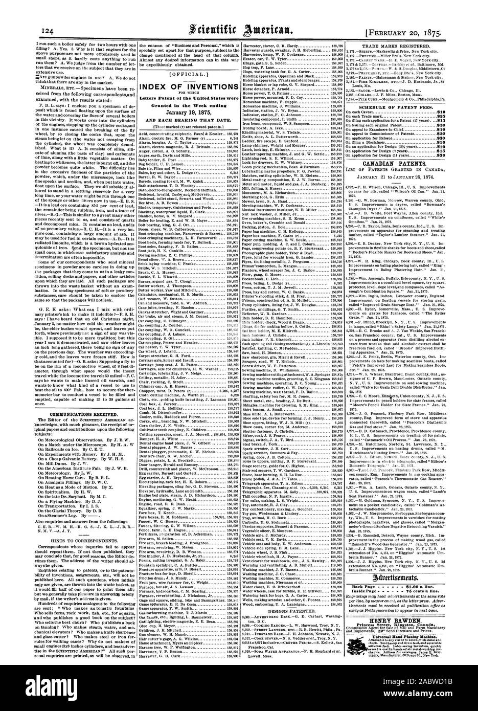COMMUNICATIONS RECEIVED. INDEX OF INVENTIONS FOE WHICH Letters Patent of  the United States were Granted in the Week ending January 19 1875 AND EACH  BEARING THAT DATE. CANADIAN PATENTS Inside Page 75