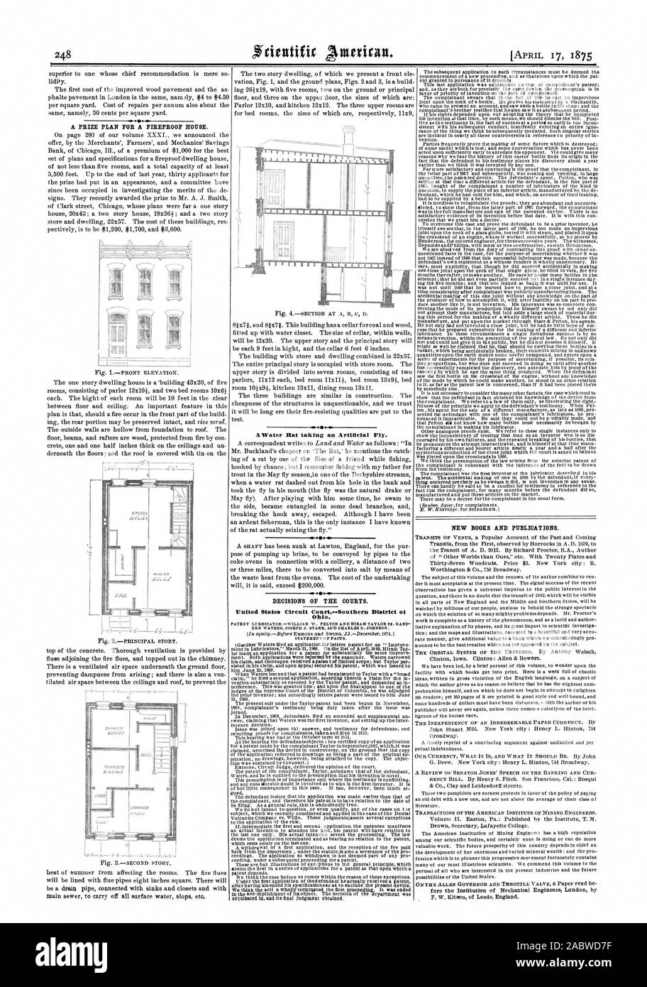 A PRIZE PLAN FOR A FIREPROOF HOUSE. 4o AWater Rat taking an Artificial Fly. DECISIONS OF THE COURTS. United States Circuit Court.--Southern District 01 Ohio. NEW BOOKS AND PUBLICATIONS., scientific american, 1875-04-17 Stock Photo