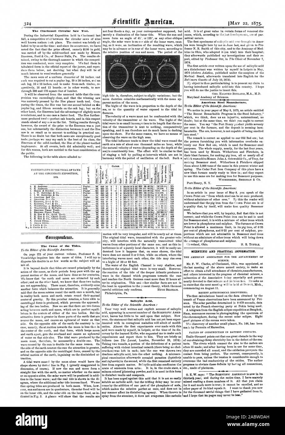 The Cincinnati Circular Saw Test. The Cause of the Tides. Salicylic Acid. American Steel Manufacture. SCIENTIFIC AND PRACTICAL INFORMATION. 7, scientific american, 1875-05-22 Stock Photo