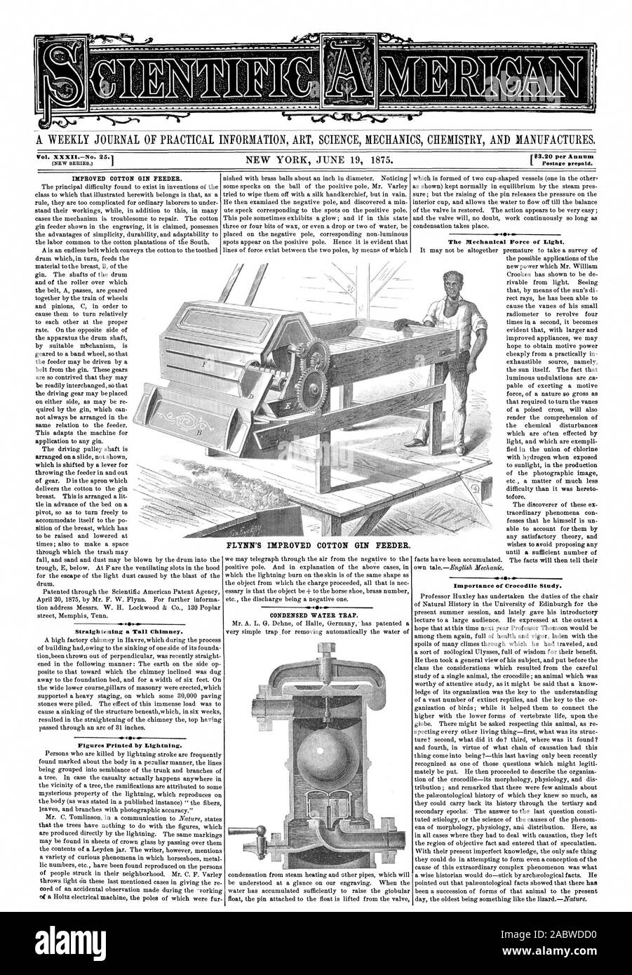 r$3.20 per Annum Vol. XXXIINo. 25.1 IMPROVED COTTON GIN FEEDER. Straightening a Tall Chimney. 4. Figures Printed by Lightning. FLYNN'S IMPROVED COTTON GIN FEEDER. CONDENSED WATER TRAP. The Mechanical Force of Light. Importance of Crocodile Study., scientific american, 1875-06-19 Stock Photo