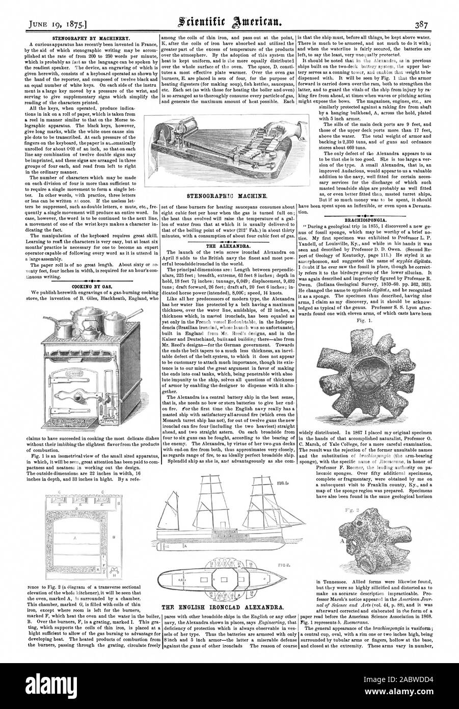 STENOGRAPHY BY MACHINERY.  COOKING BY GAS. STENOGRAPHIC MACHINE. THE ALEXANDRA. THE ENGLISH IRONCLAD ALEXANDRA. BRACHIOSPONGIA., scientific american, 1875-06-19 Stock Photo