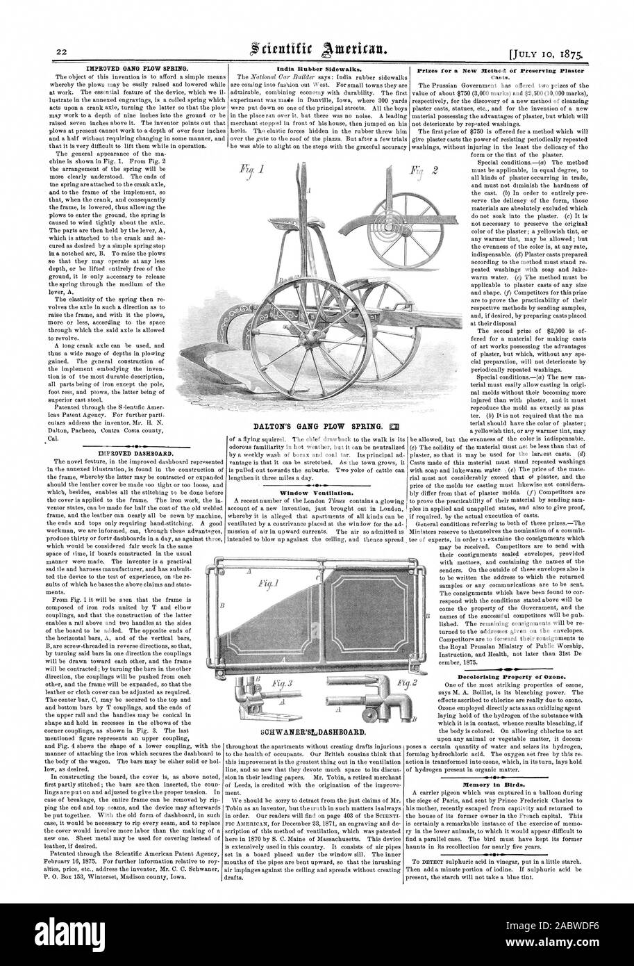 India Rubber Sidewalks. IMPROVED GANG PLOW SPRING IMPROVED DASHBOARD. Prizes for a New Method of Preserving Plaster Casts. Becolorising Property of Ozone. Memory in Birds. DALTON'S GANG PLOW SPRING. EE Window Ventilation. SCHWANER'SLDASHBOARD., scientific american, 1875-07-10 Stock Photo