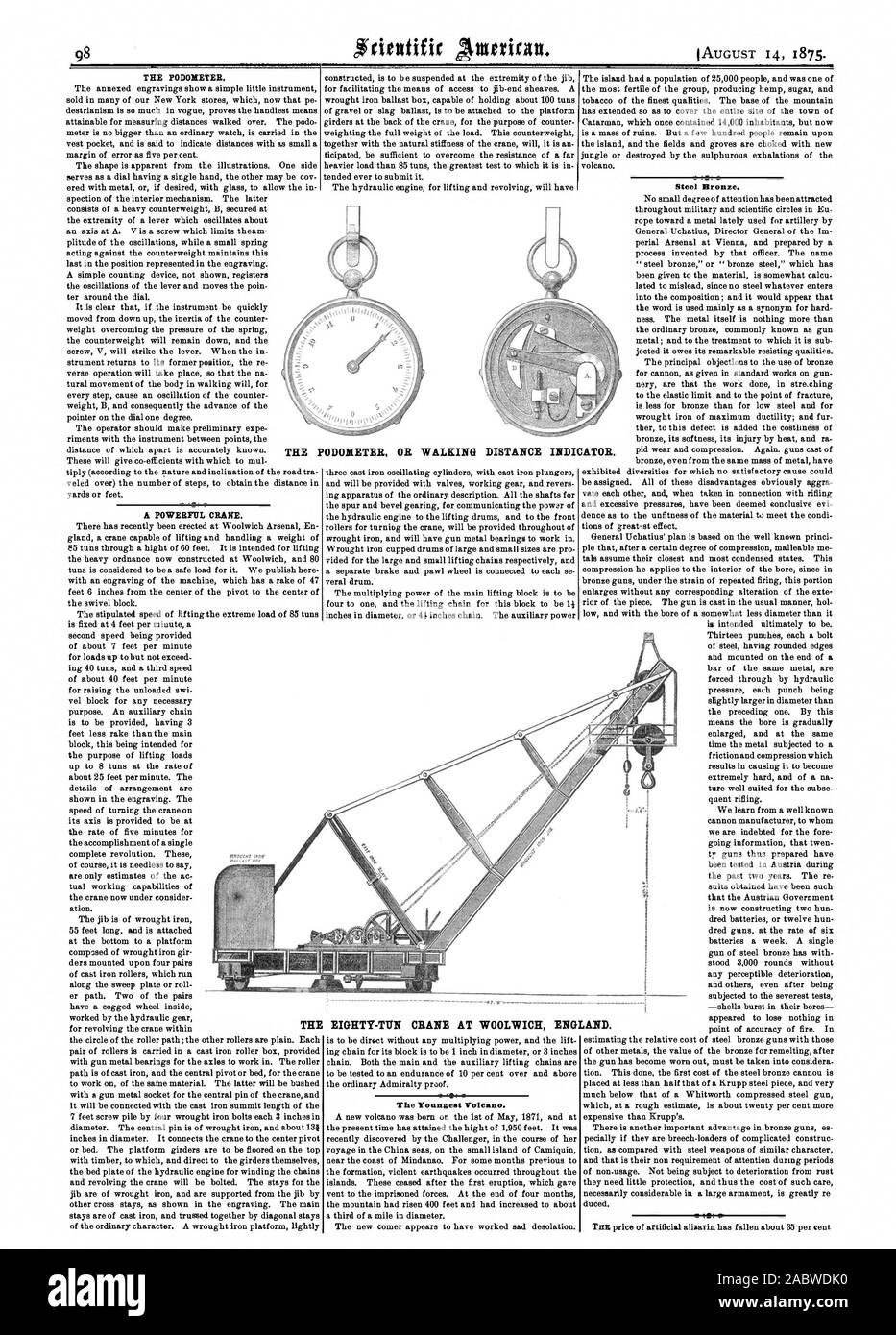 EIGHTY-TUN CRANE AT WOOLWICH EN The Youngest VolCano. Steel Bronze. THE THE PODOMETER OR WALKING DISTANCE INDI CATOR. LAND., scientific american, 1875-08-14 Stock Photo