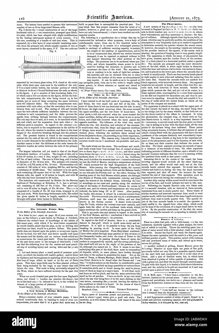 The Colorado Potato Bug. A New System of Bridge Building. The Tides in the Gulf of Mexico. The Phonometer. Process of Gilding., scientific american, 1875-08-21 Stock Photo