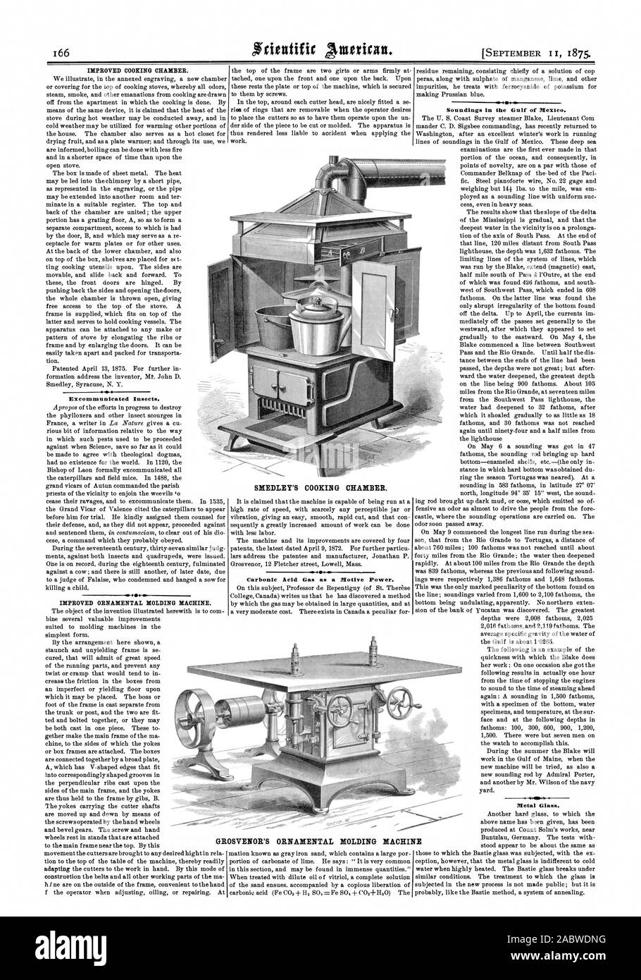 GROSVENOR'S ORNAMENTAL MOLDING MACHINE IMPROVED COOKING CHAMBER. Excommunicated Insects. IMPROVED ORNAMENTAL MOLDING MACHINE. Carbonic &cid Gas as a Motive Power. Soundings in the Gulf of Mexico.  4 41s Metal Glass. SMEDLEY'S COOKING CHAMBER., scientific american, 75-09-11 Stock Photo